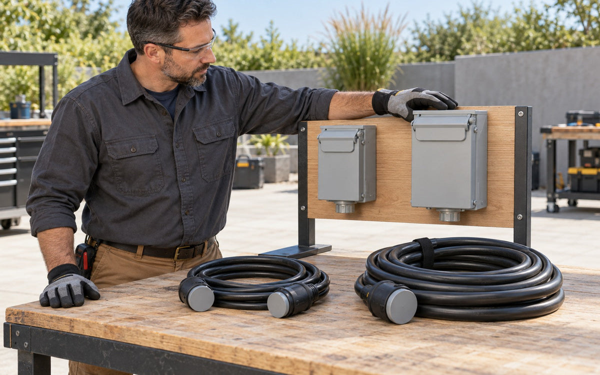 Safe outdoor backup-power setup comparing 30 amp and 50 amp generator inlet connections beside a portable generator.