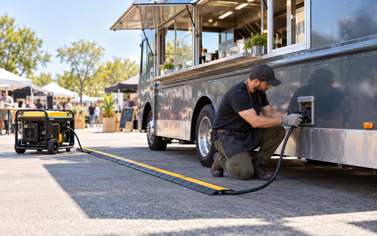 Food truck operator safely reviewing a generator connection, heavy-duty power cord, and inlet before festival service.