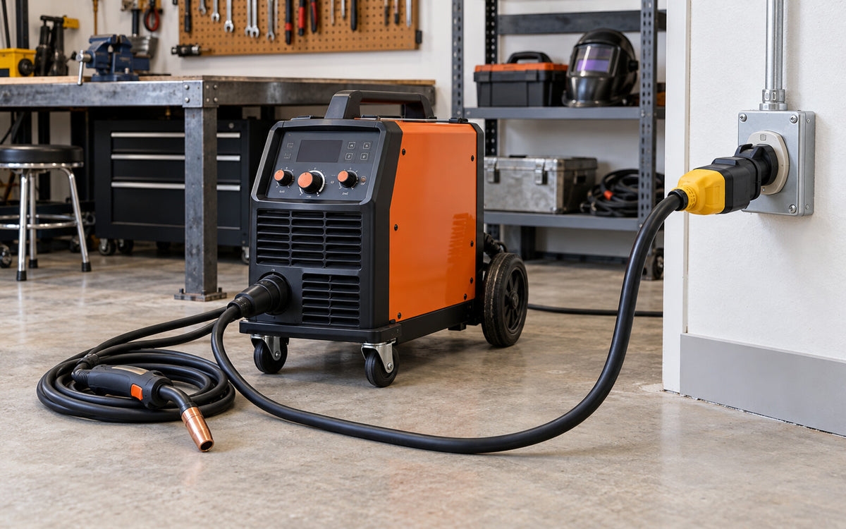 Welder beside a safely connected heavy-duty adapter and power cord in a clean workshop.