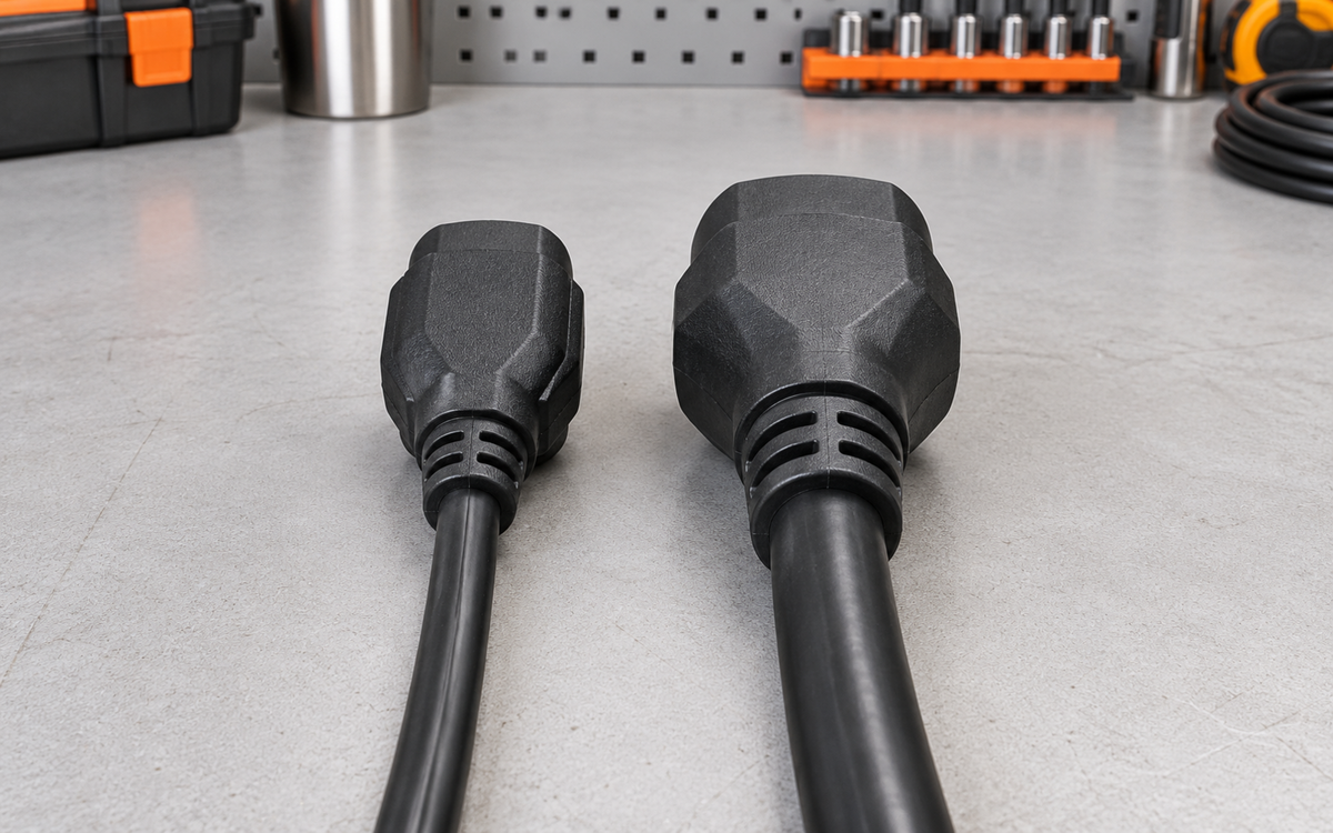 Two disconnected black power-cord plug housings shown from the back on a clean workbench, with one compact cord beside a larger heavy-duty cord.