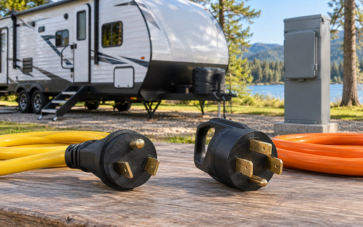 A 30-amp TT-30 RV plug and 50-amp NEMA 14-50 RV plug displayed safely beside a travel trailer and closed campground power pedestal.