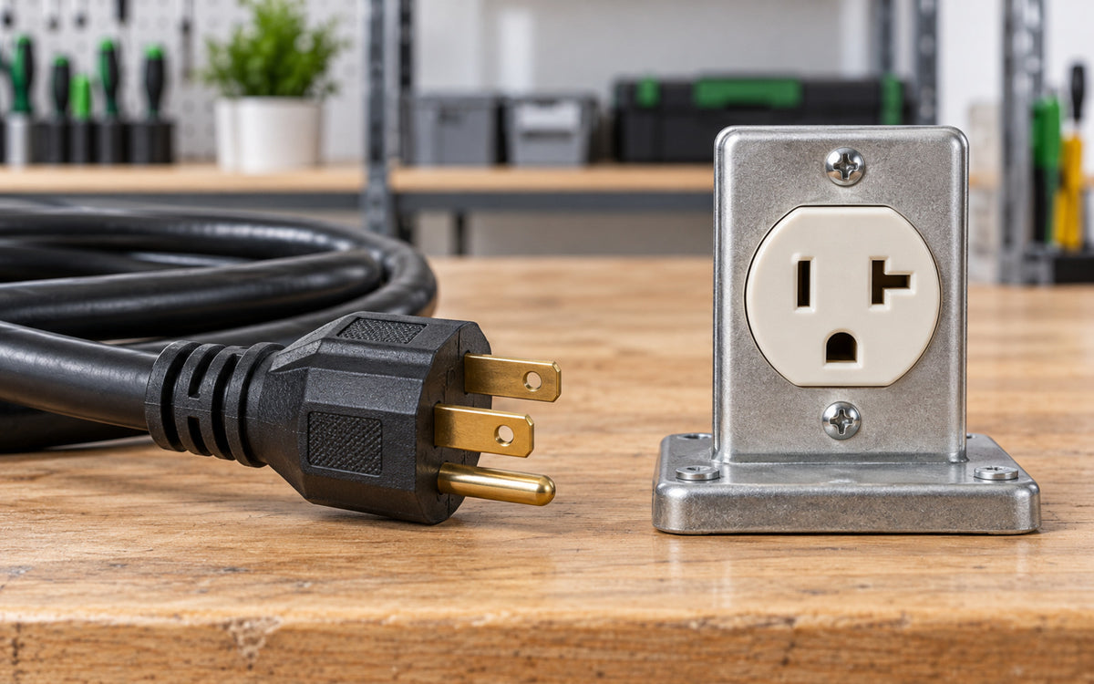 Heavy-duty NEMA 5-15 power cord beside a NEMA 5-20 T-slot receptacle on a clean electrical workbench.