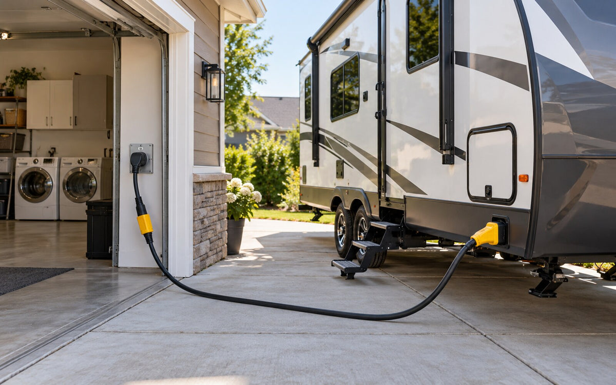 30 amp travel trailer connected to a four-prong NEMA 14-30 dryer outlet at a home garage with a heavy-duty adapter cord