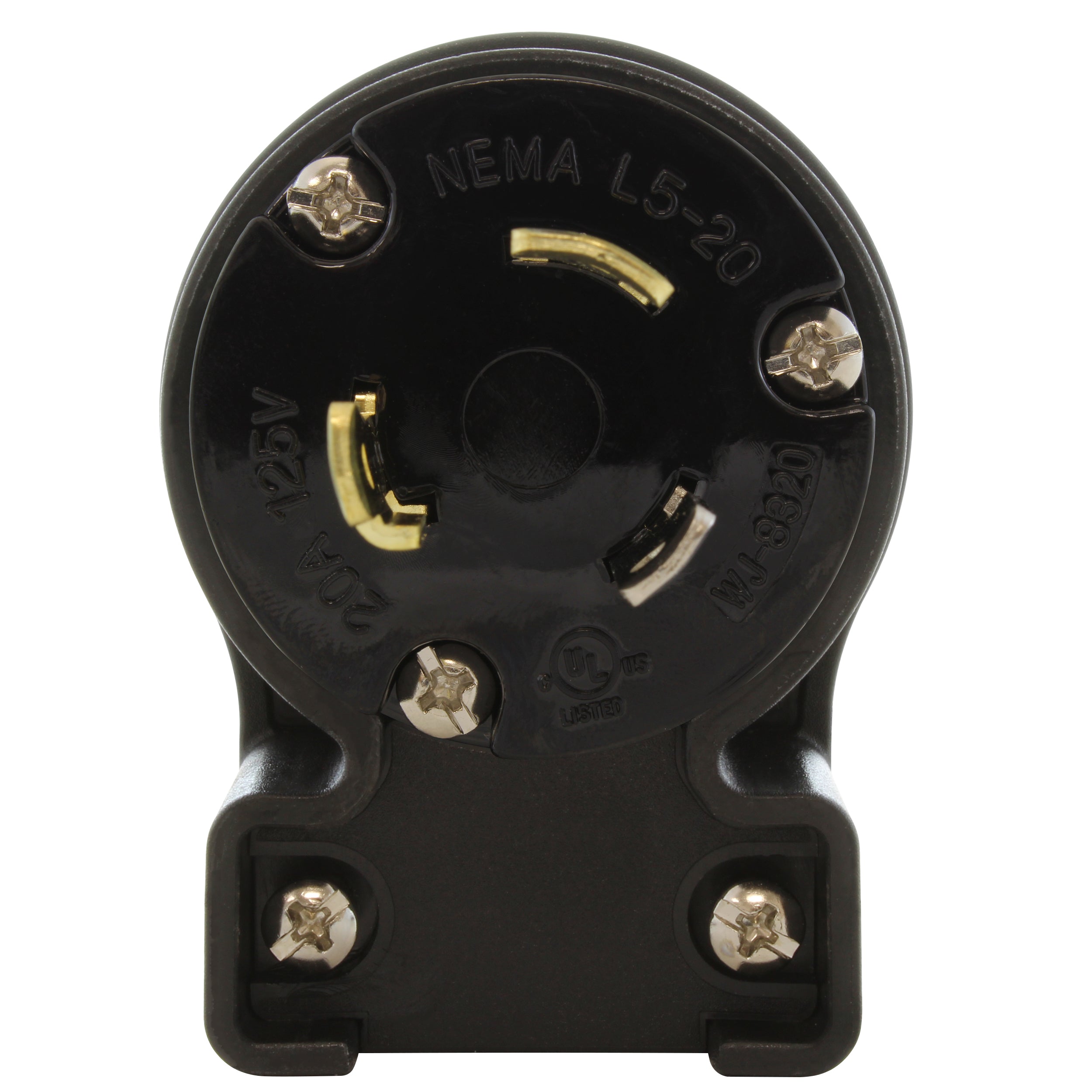 NEMA L5-20R male locking elbow wiring plug front view with 3 prongs