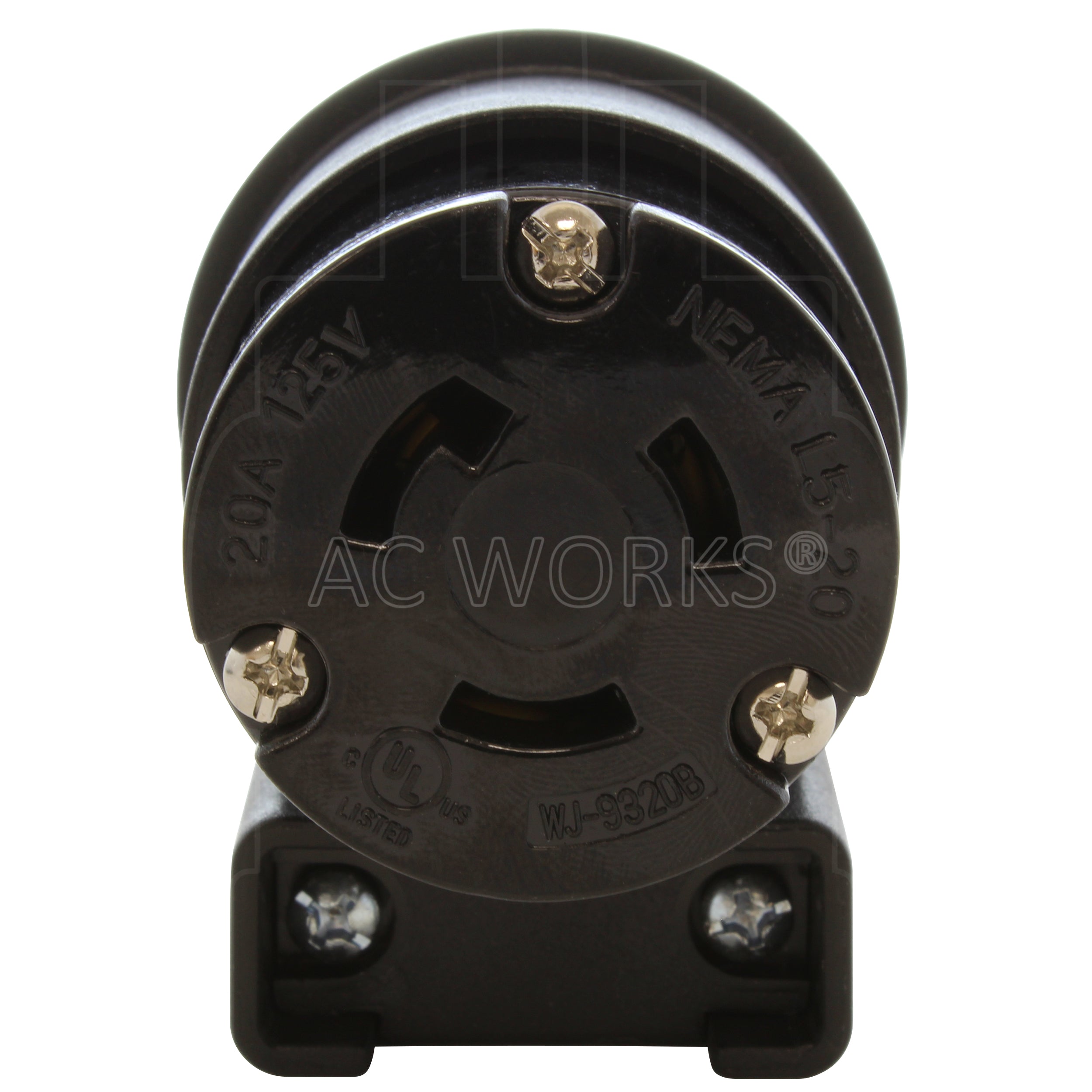 NEMA L5-20R female locking elbow wiring connector front view with 3 prongs