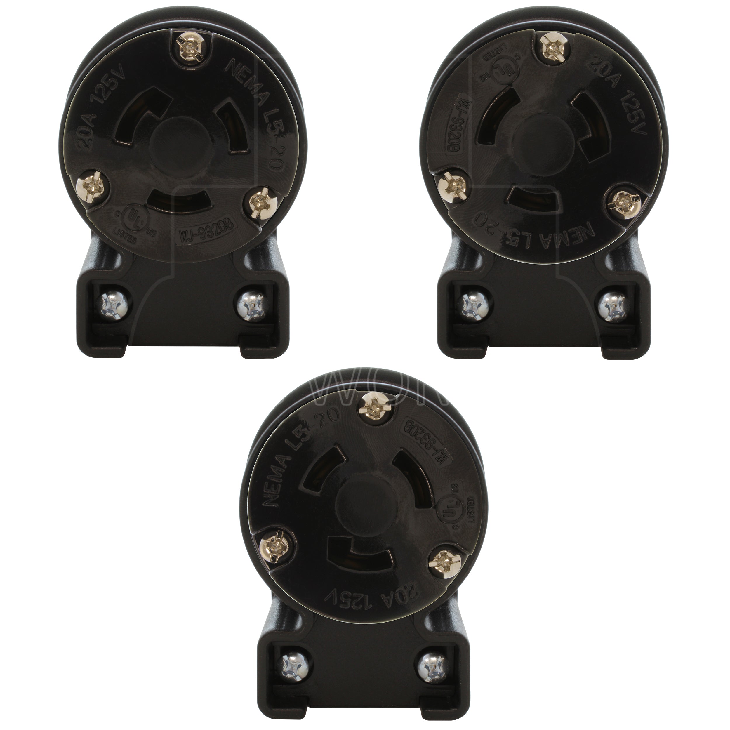NEMA L5-20R female locking elbow wiring connector in 3 different angles