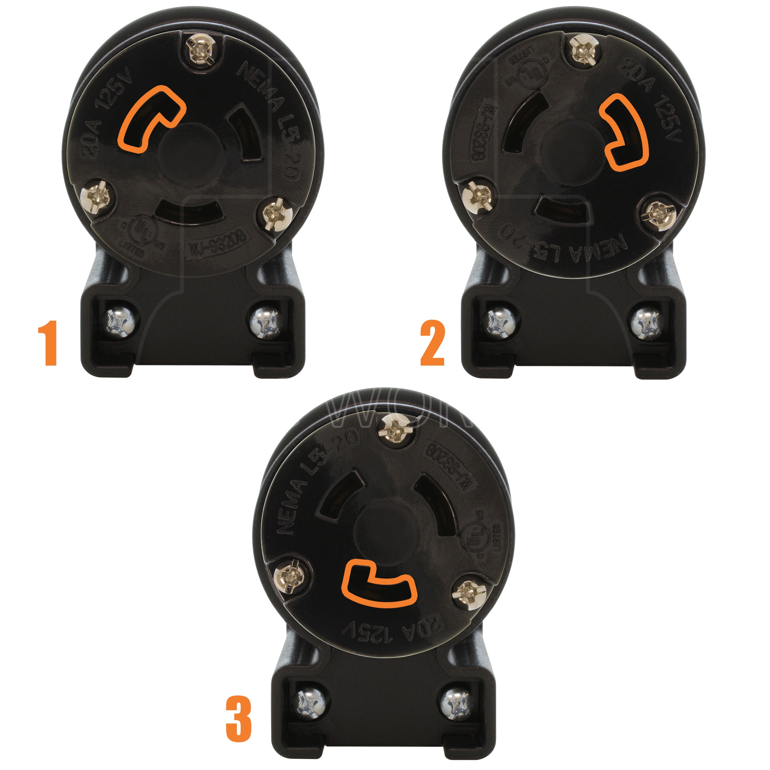 NEMA L5-20R female locking elbow wiring connector in 3 different angles