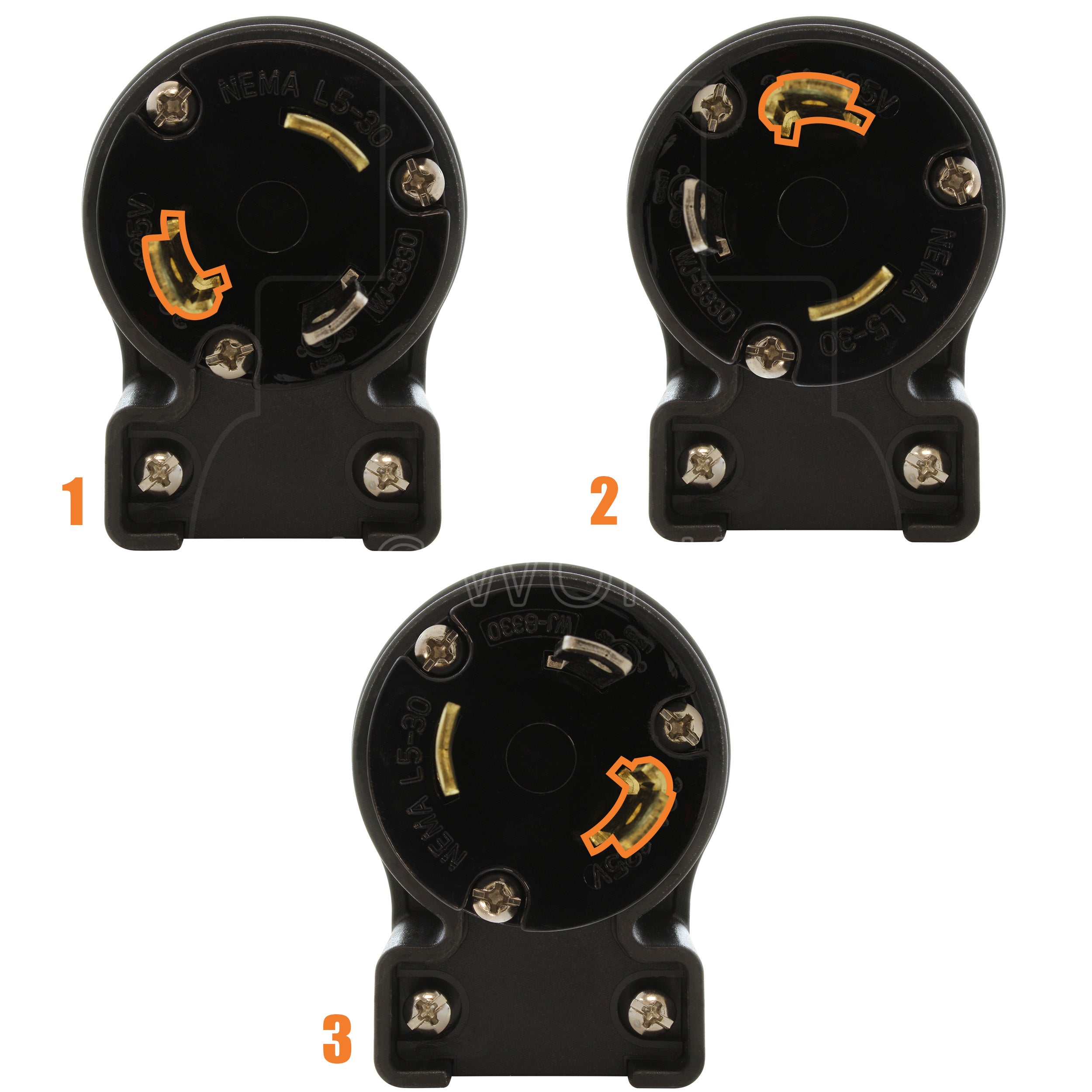 NEMA L5-30P male locking elbow wiring plug in 3 different angles
