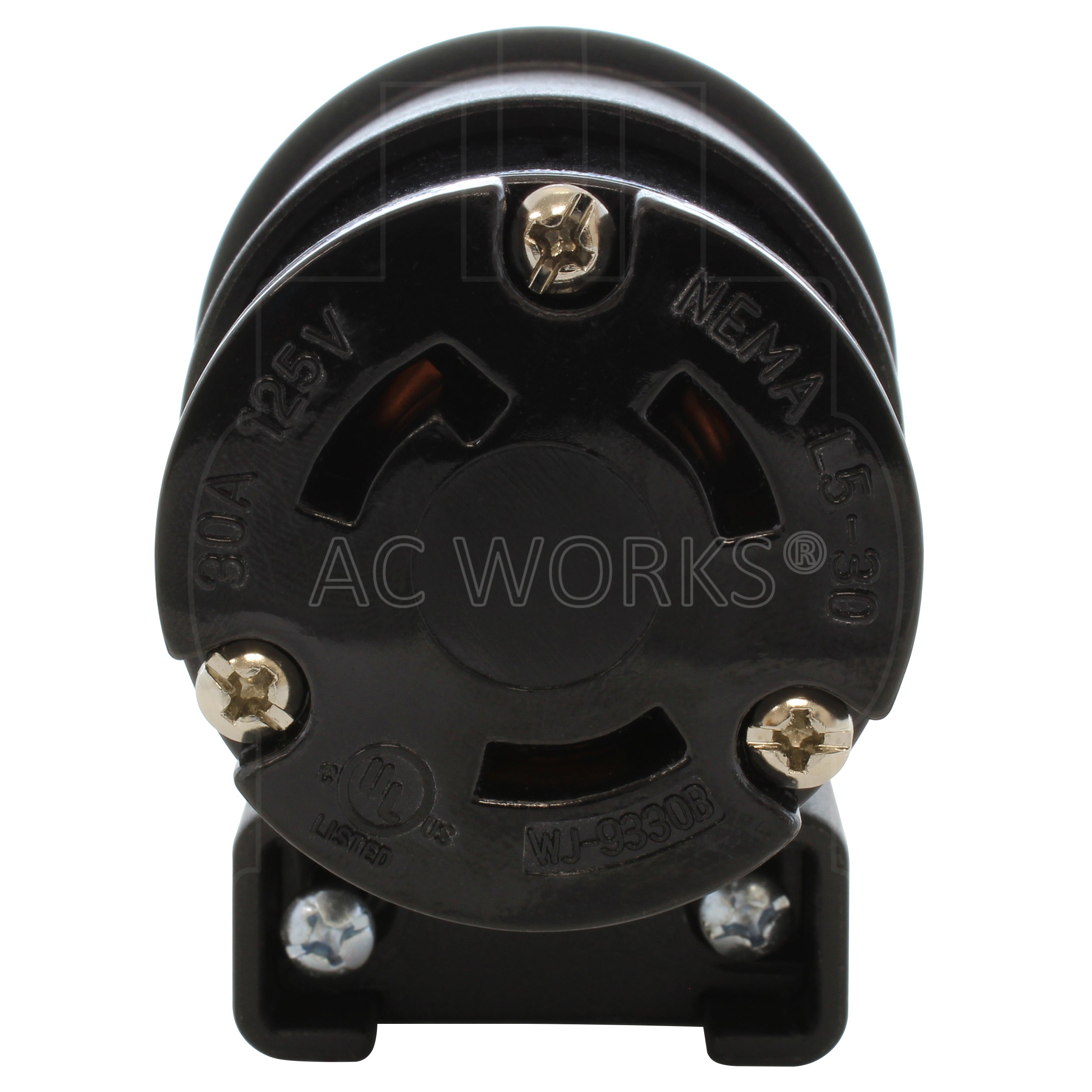 NEMA L5-30R female locking elbow wiring connector front view with 3 prongs