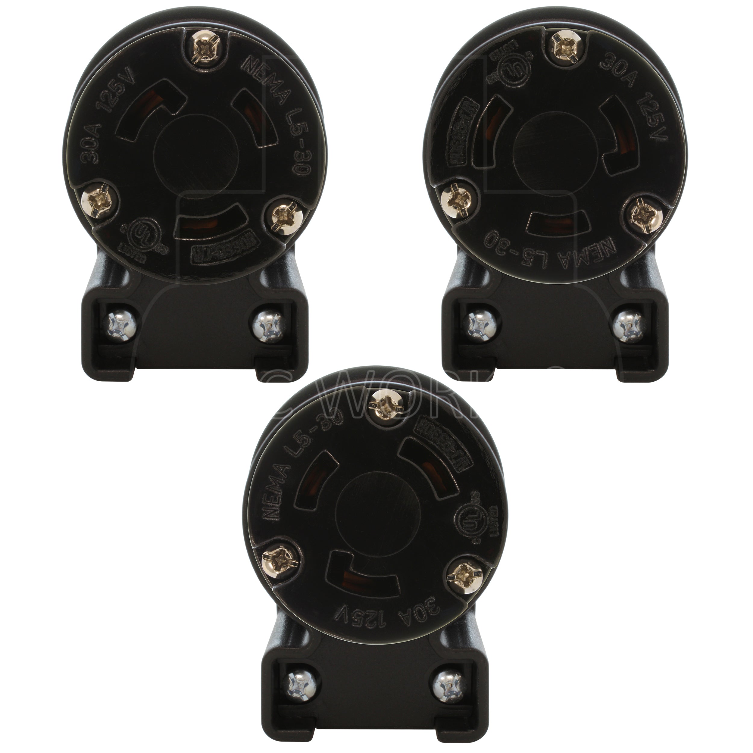 NEMA L5-30R female locking elbow wiring connector in 3 different angles