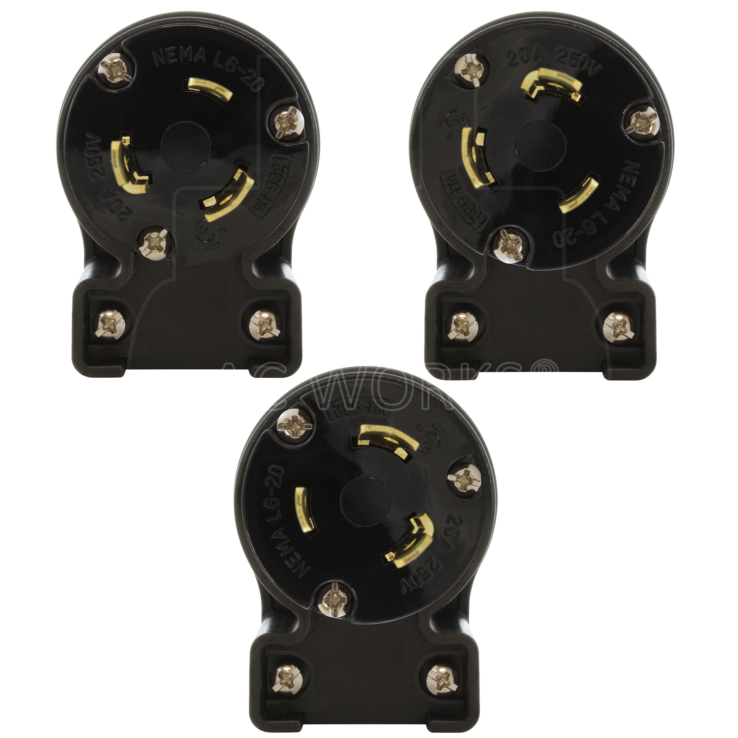 NEMA L6-20P male locking elbow wiring plug in 3 different angles