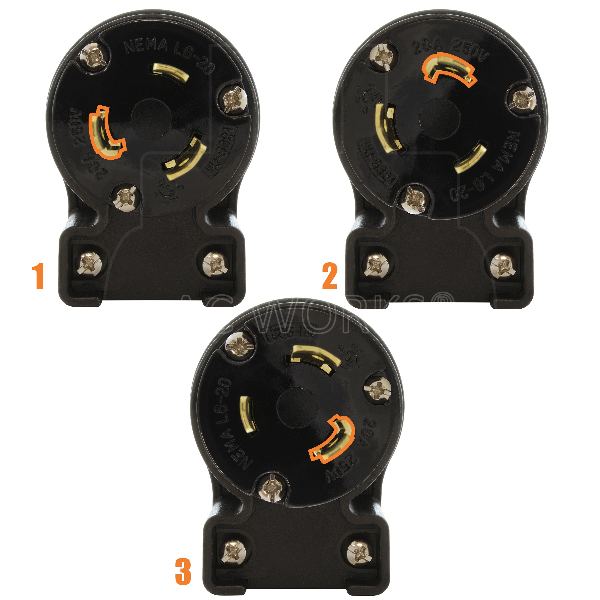NEMA L6-20P male locking elbow wiring plug in 3 different angles