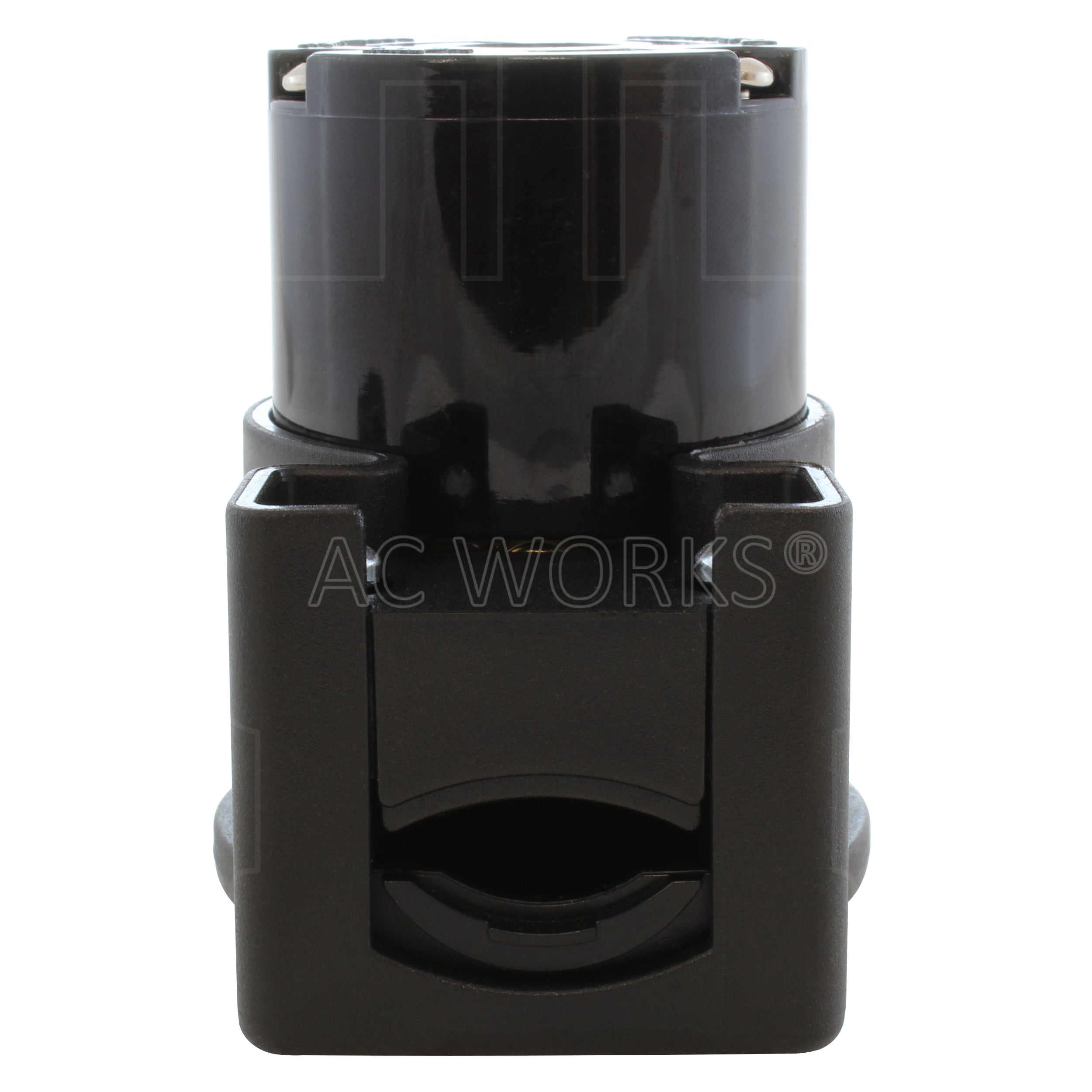 NEMA L6-20R female locking elbow wiring connector bottom view of electrical entrance