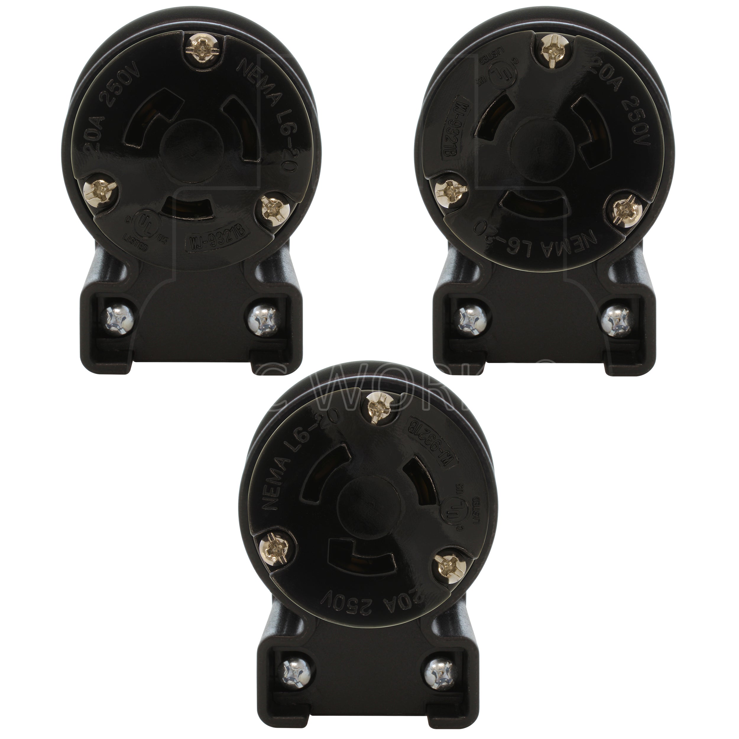 NEMA L6-20R female locking elbow wiring connector in 3 different angles