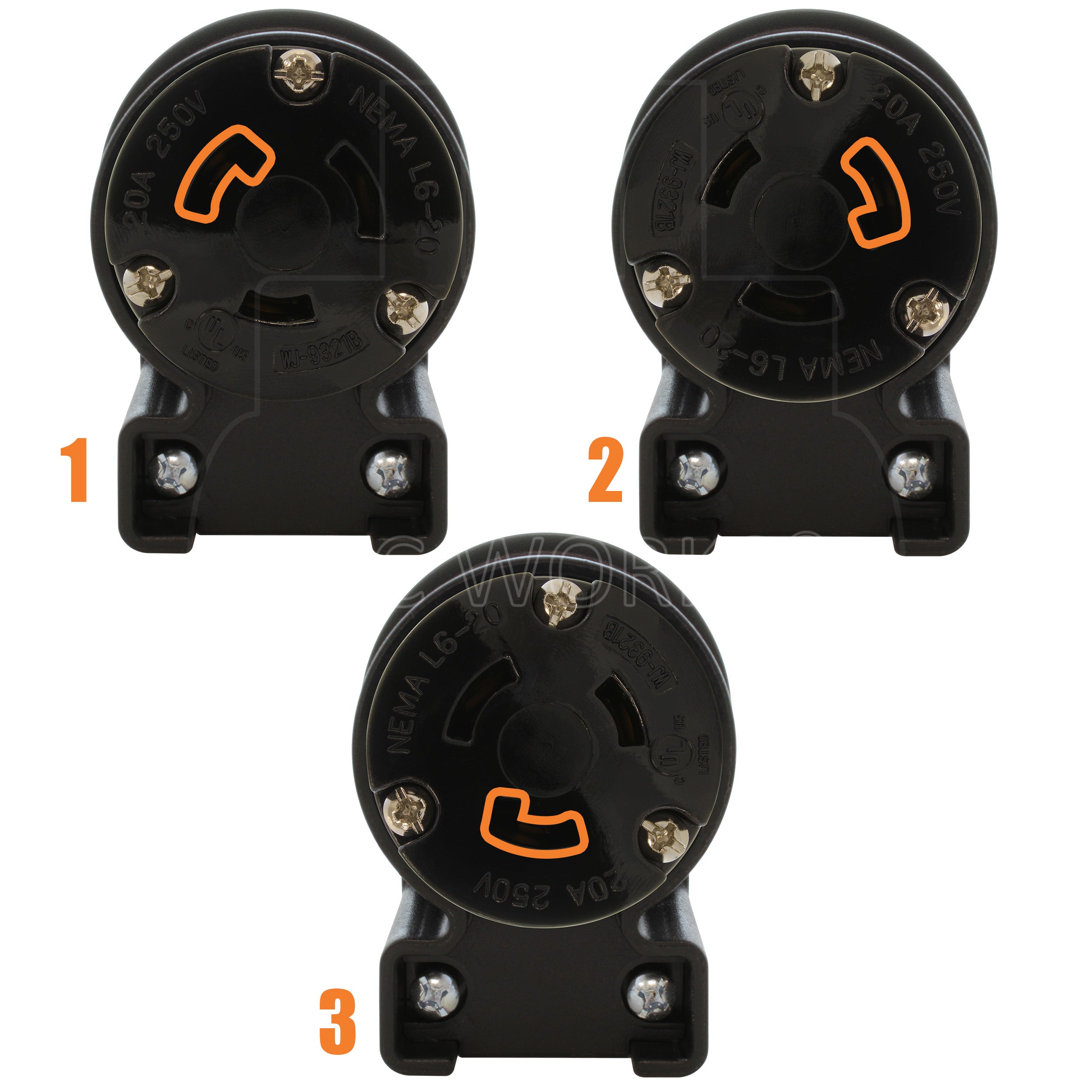 NEMA L6-20R female locking elbow wiring connector in 3 different angles
