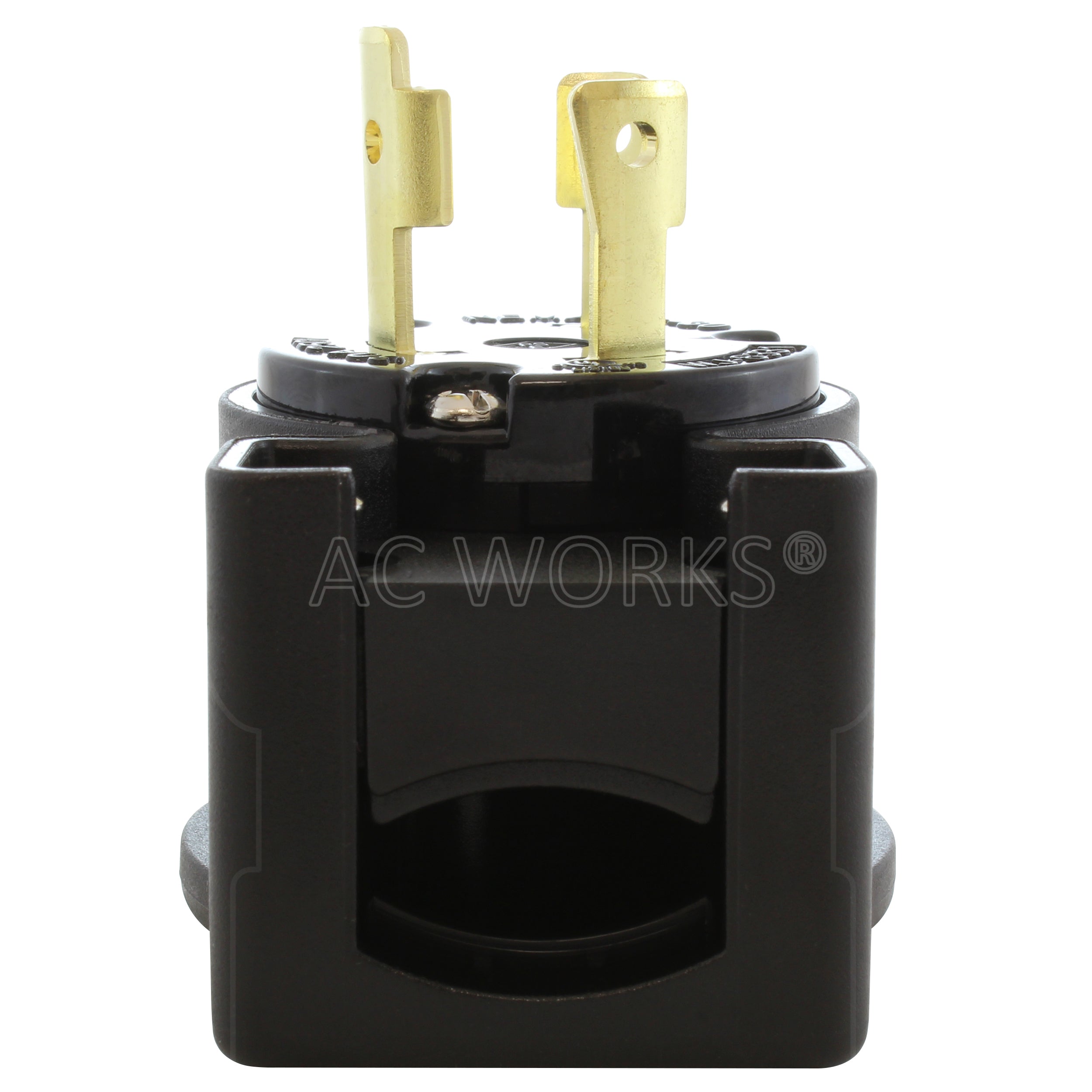 NEMA L6-30P male locking elbow wiring plug bottom view of electrical entrance
