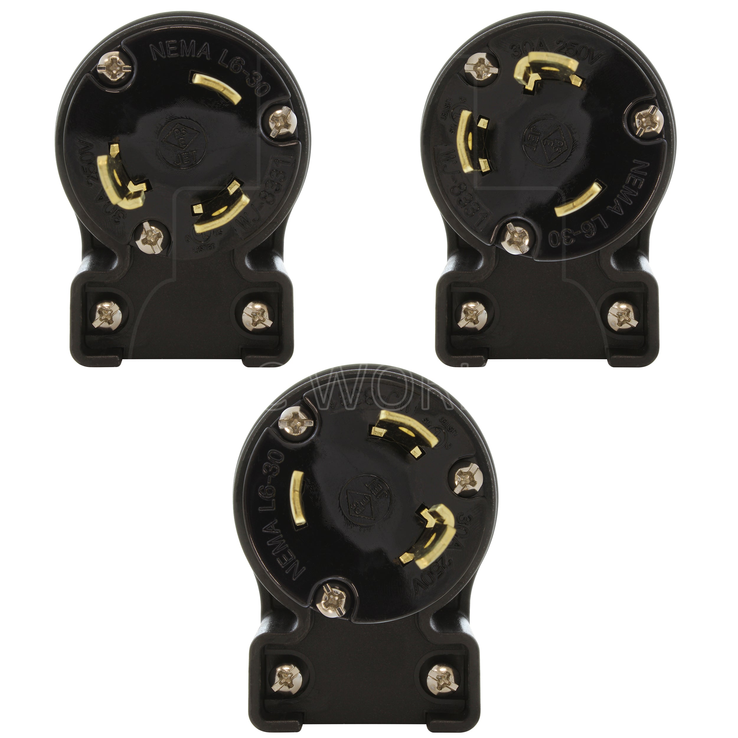 NEMA L6-30P male locking elbow wiring plug in 3 different angles