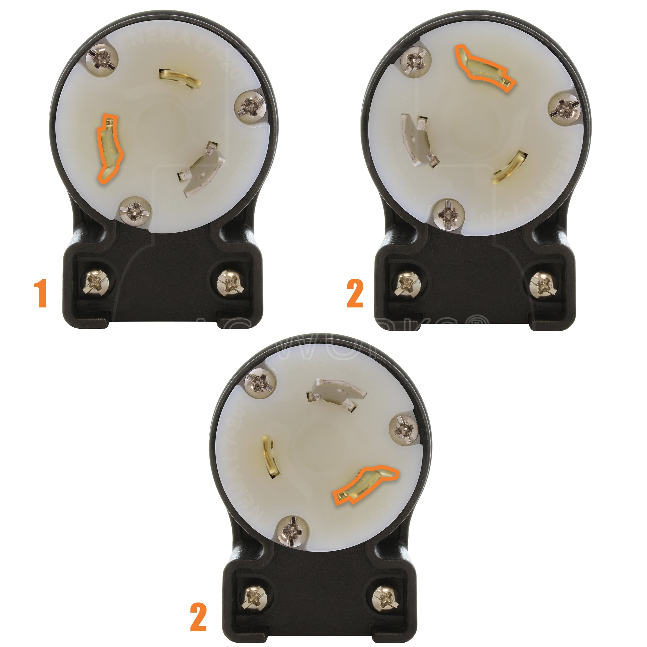 NEMA L7-20P male locking elbow wiring plug in 3 different angles