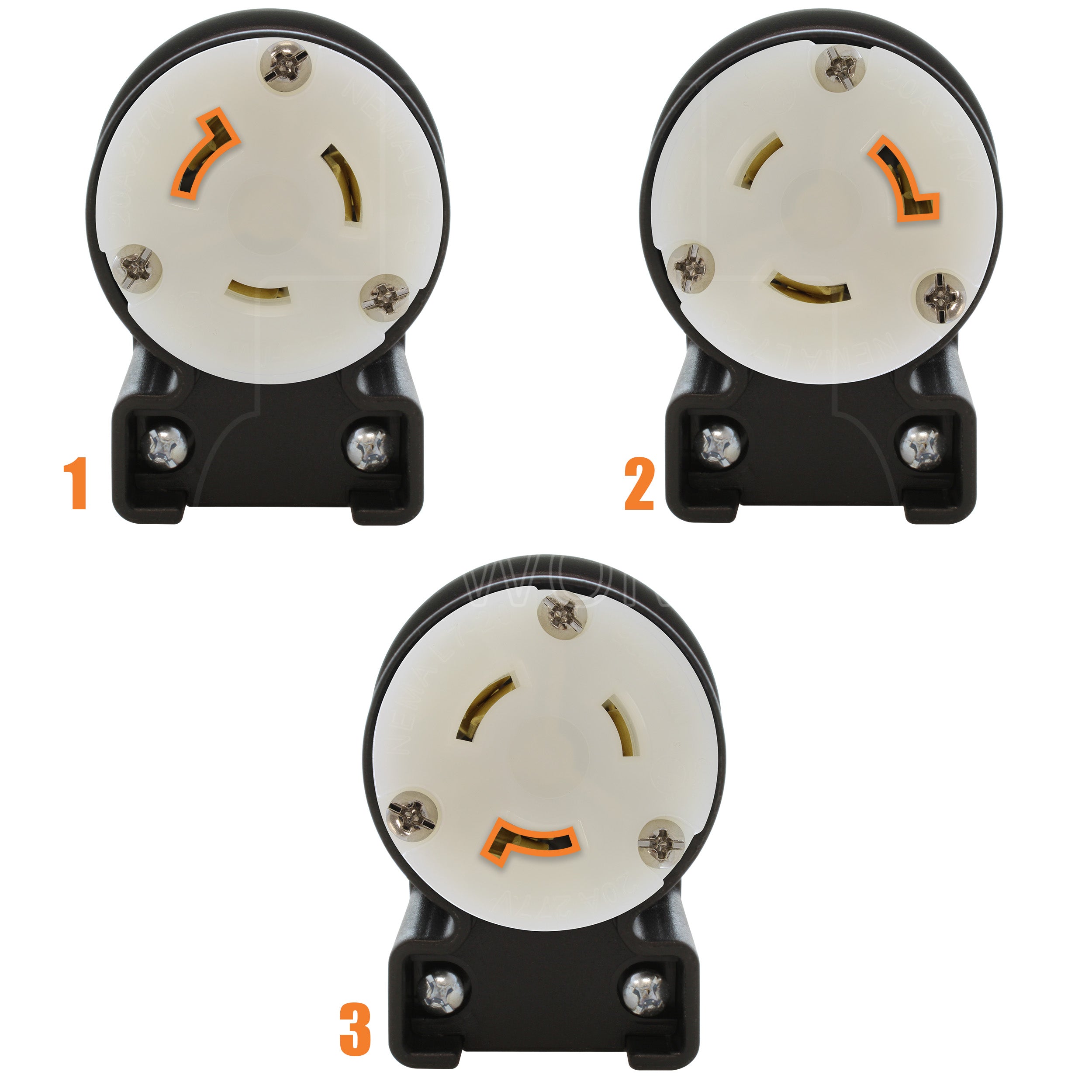 NEMA L7-20R female locking elbow wiring connector in 3 different angles