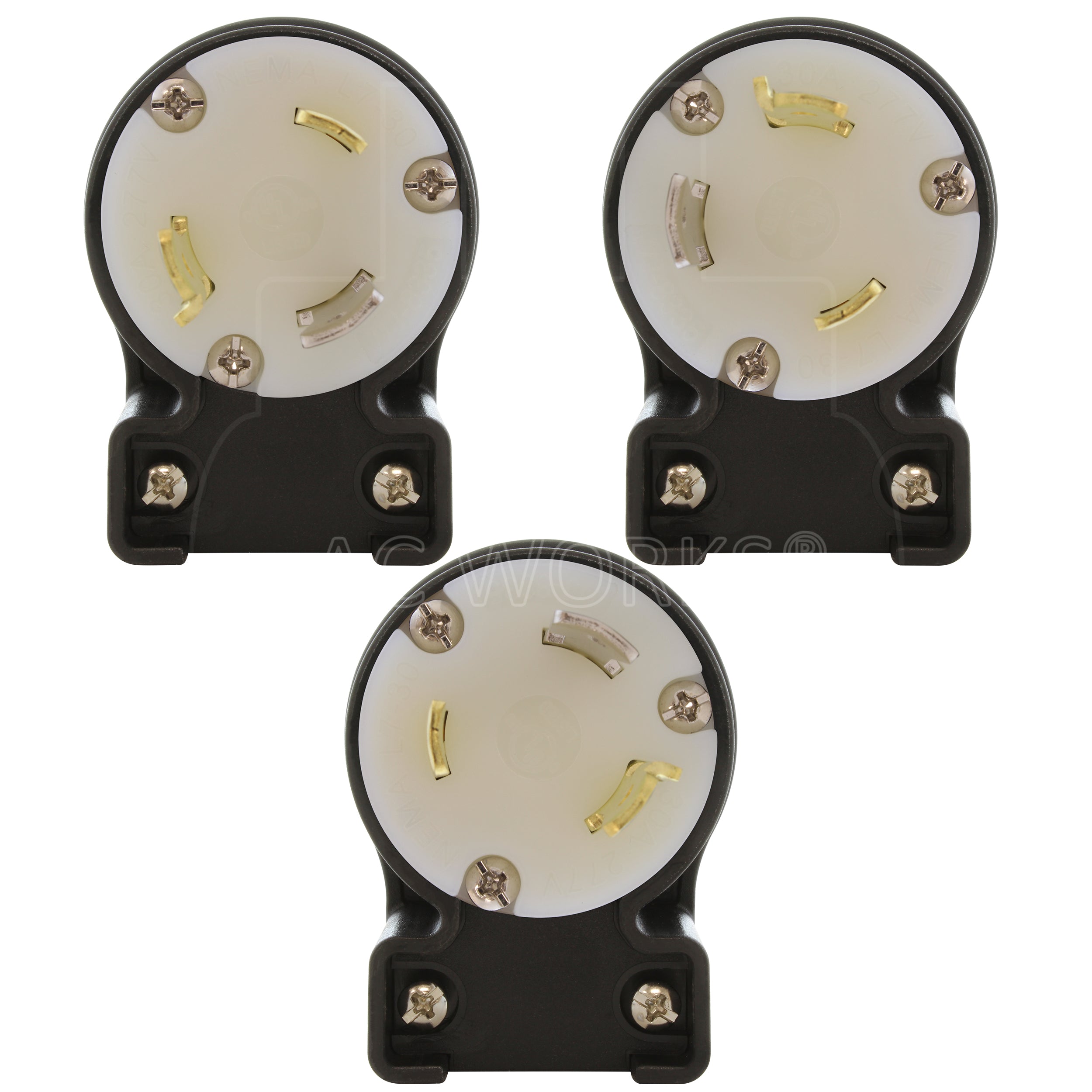 NEMA L7-30P male locking elbow wiring plug in 3 different angles