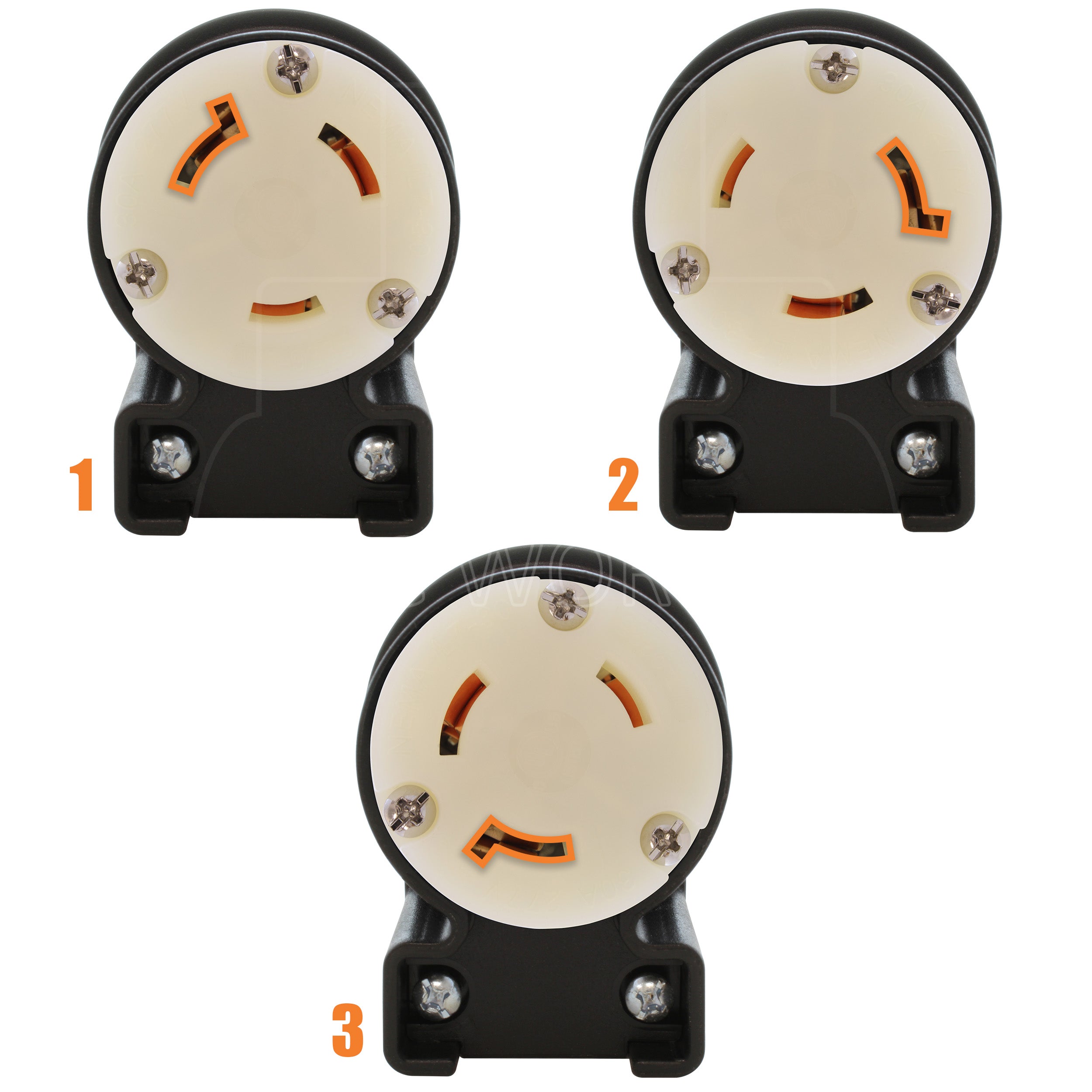 NEMA L7-30R female locking elbow wiring connector in 3 different angles