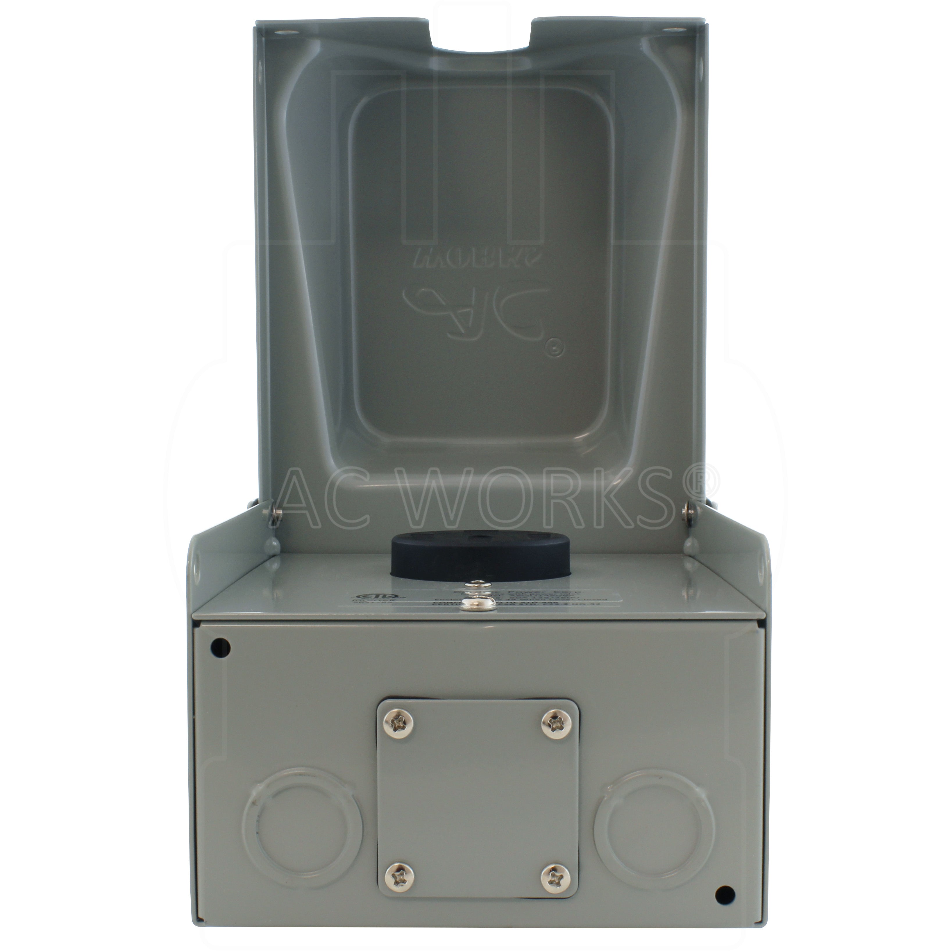 Grey outlet box, bottom view with 1 replaceable knockout