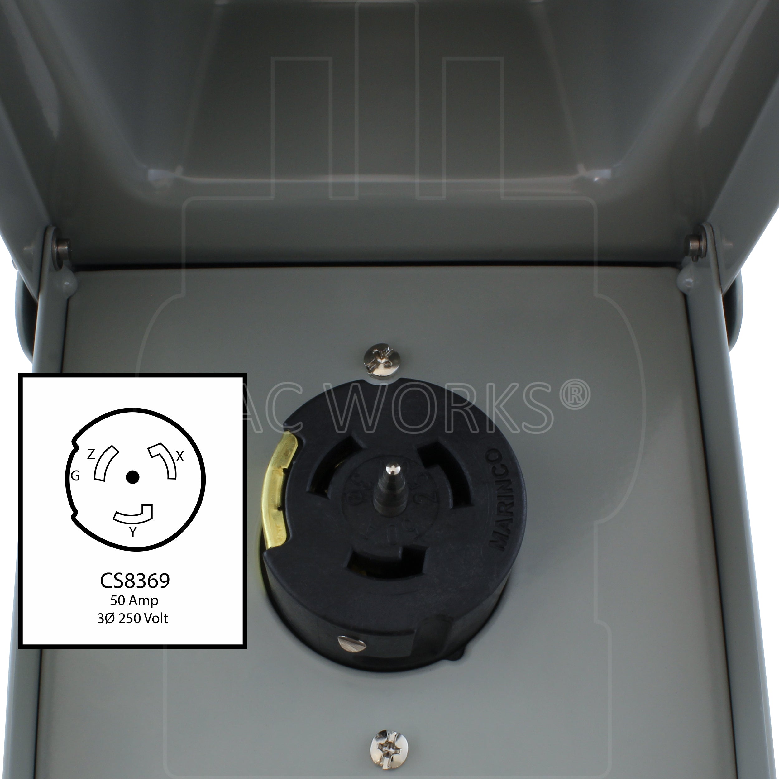 CS8369, 50 Amp, 3-phase 250 Volt 4-prong locking receptacle