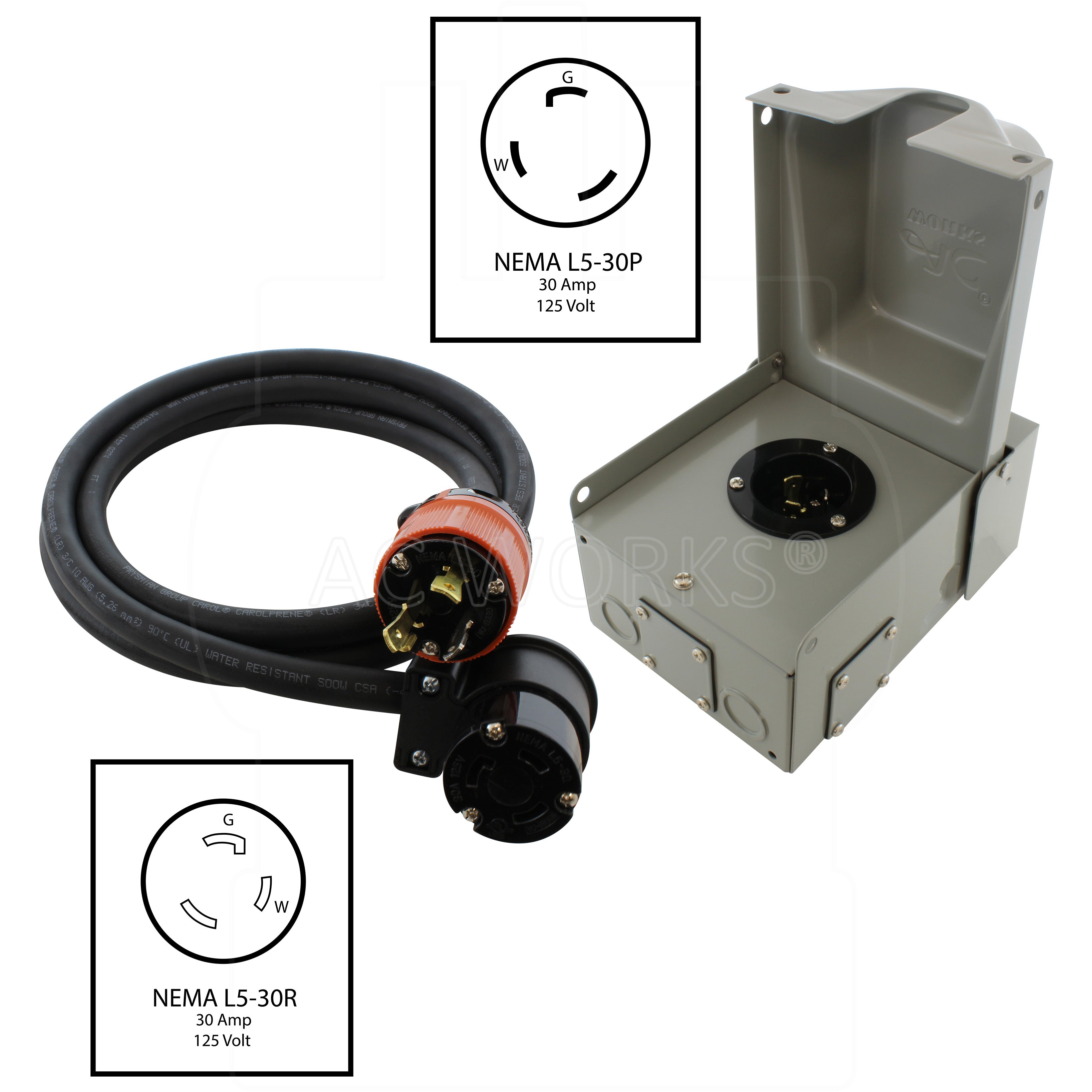 NEMA L5-30 30 Amp Power Input Inlet Box with L5-30PR, 30 Amp, 125 Volt extension cord