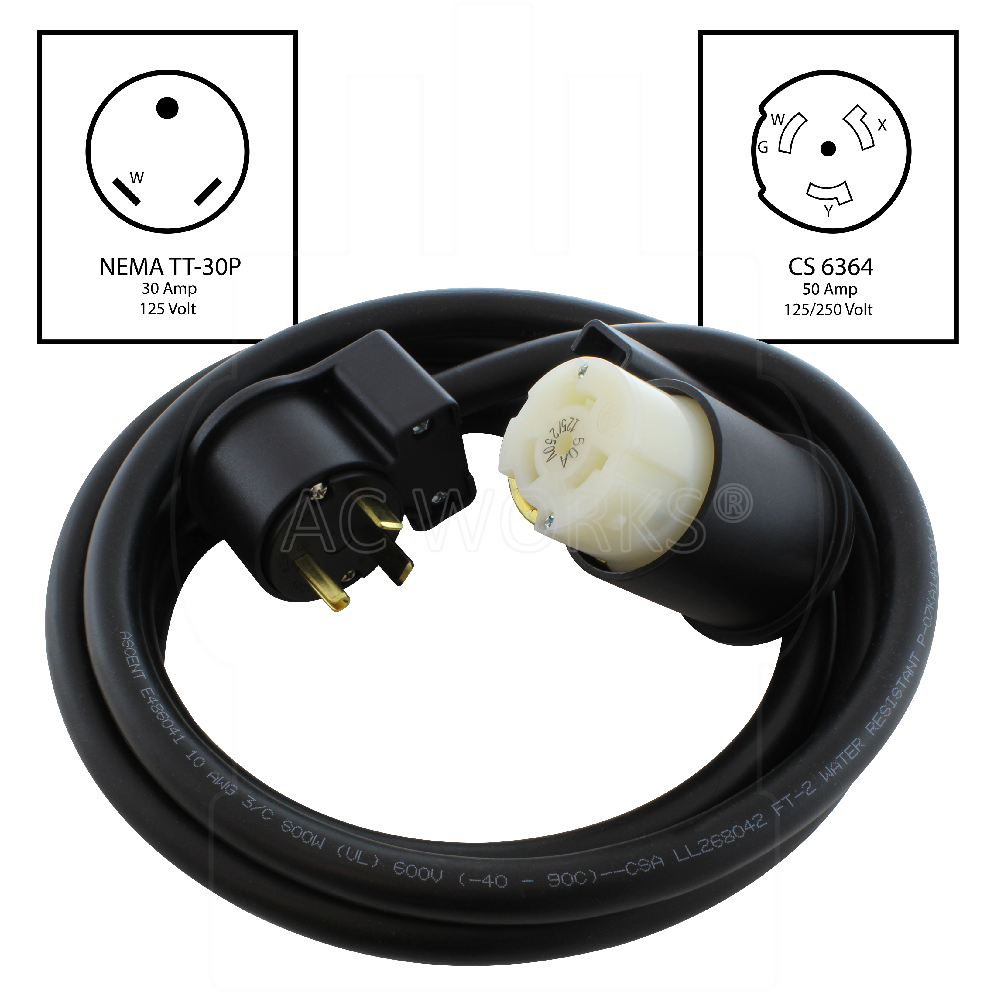 NEMA TT-30P, 30 Amp, RV/ Travel Trailer 30 Amp Plug to CS6364, 50 Amp, 125/250 Volt Female Locking Female Connector