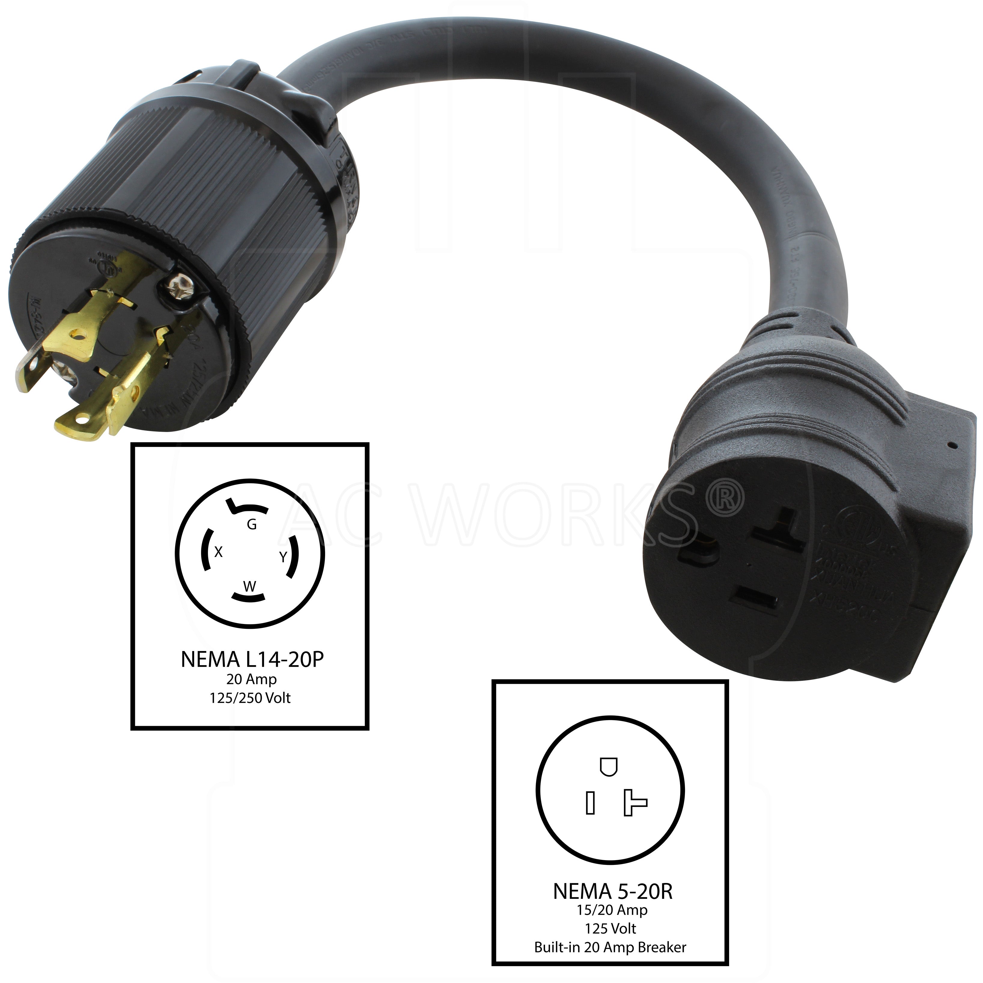 NEMA L14-20P to NEMA 5-20R with circuit breaker, L1420 male plug to 520 female connector with circuit breaker, 4-prong 20 amp locking plug to 20 amp household connector