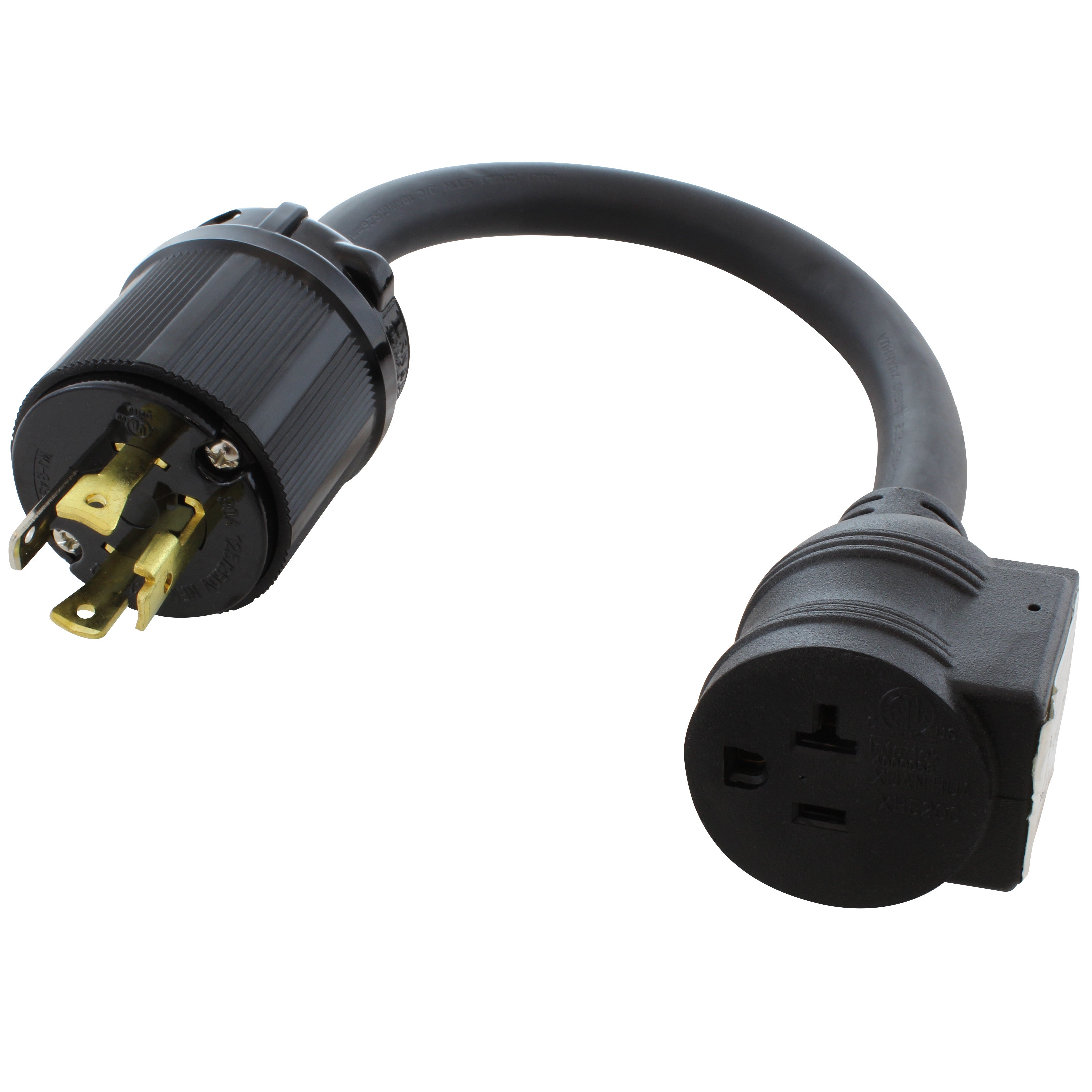 NEMA L14-30P to NEMA 5-20R with circuit breaker, L1430 male plug to 520 female connector with circuit breaker, 4-prong 30 amp locking generator plug to 20 amp household female connector