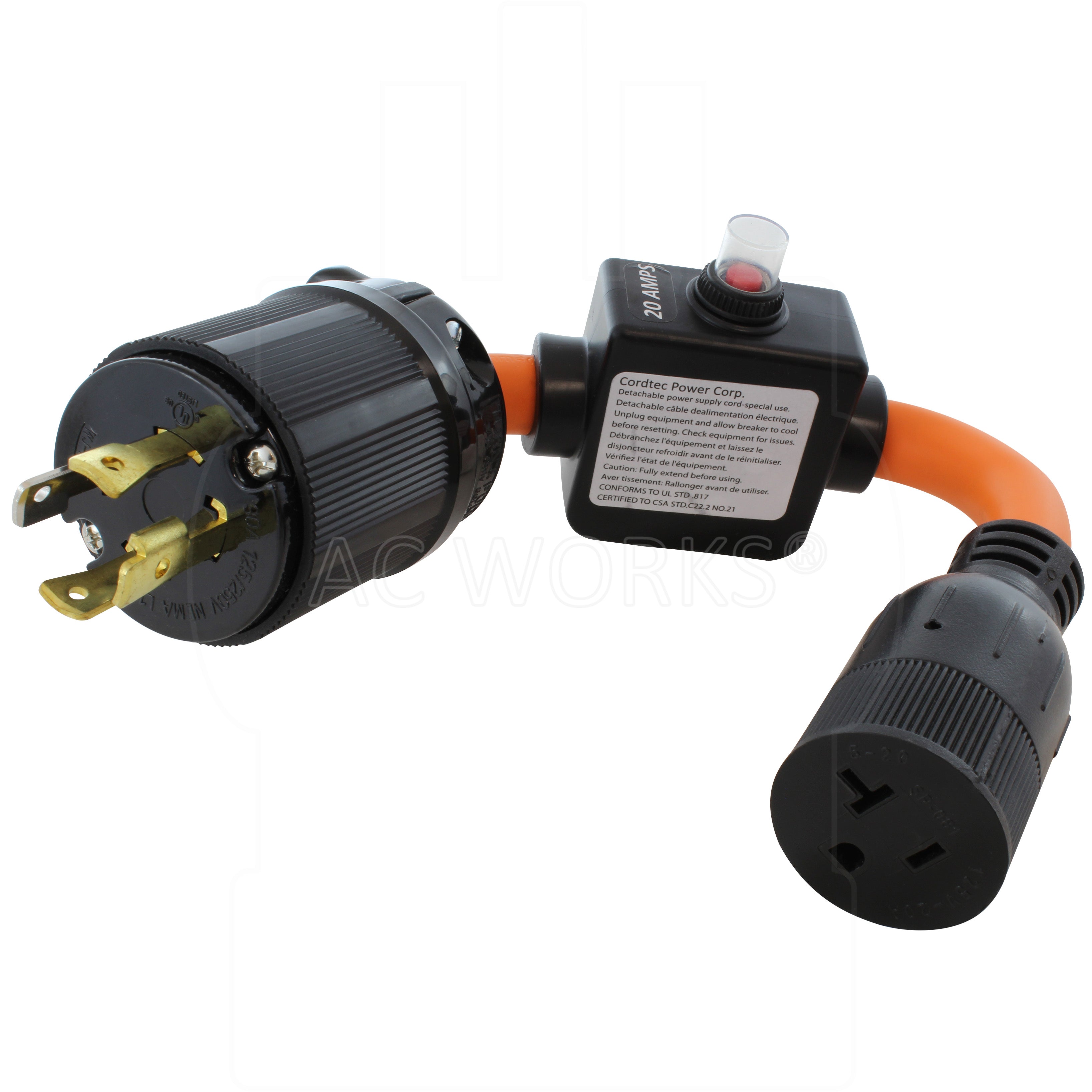 NEMA L14-30P, 4-prong generator locking plug to NEMA 5-15/20R, T-blade female household connector with inline 20 Amp Breaker