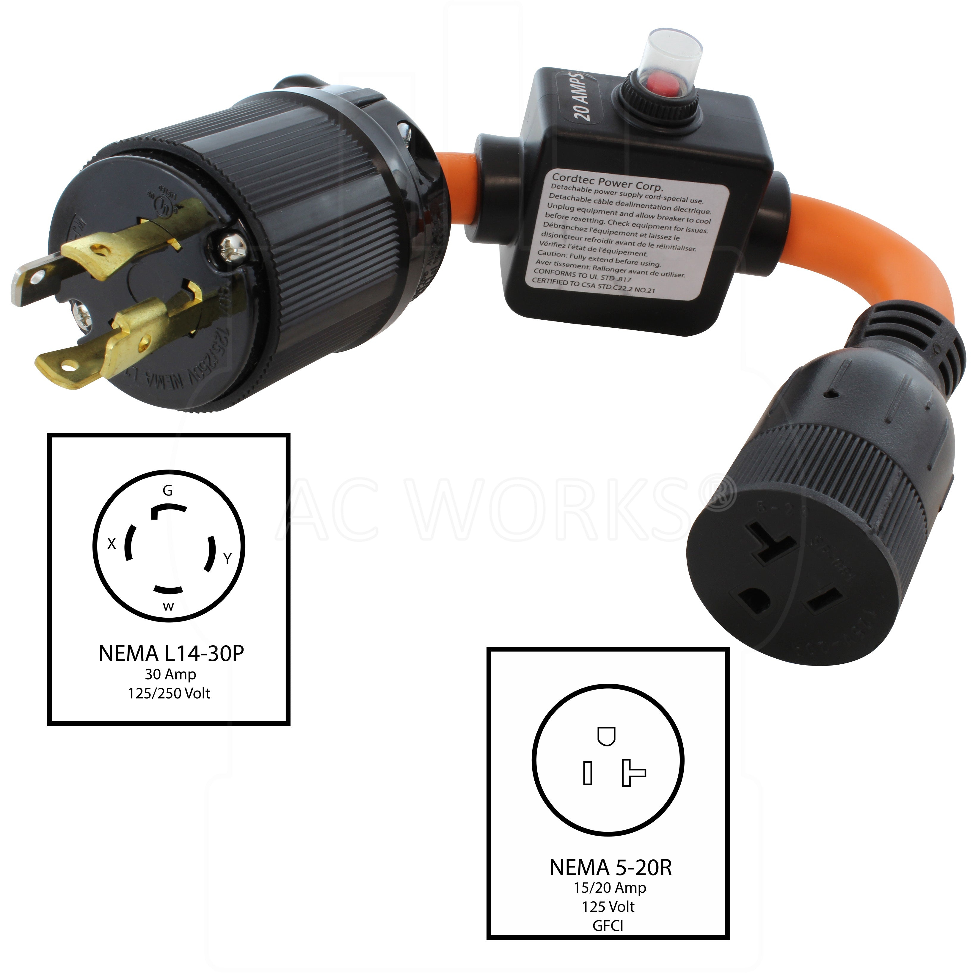 NEMA L14-30P 30 Amp, 4-prong generator locking plug to NEMA 5-15/20R 15/20 Amp, T-blade female household connector.