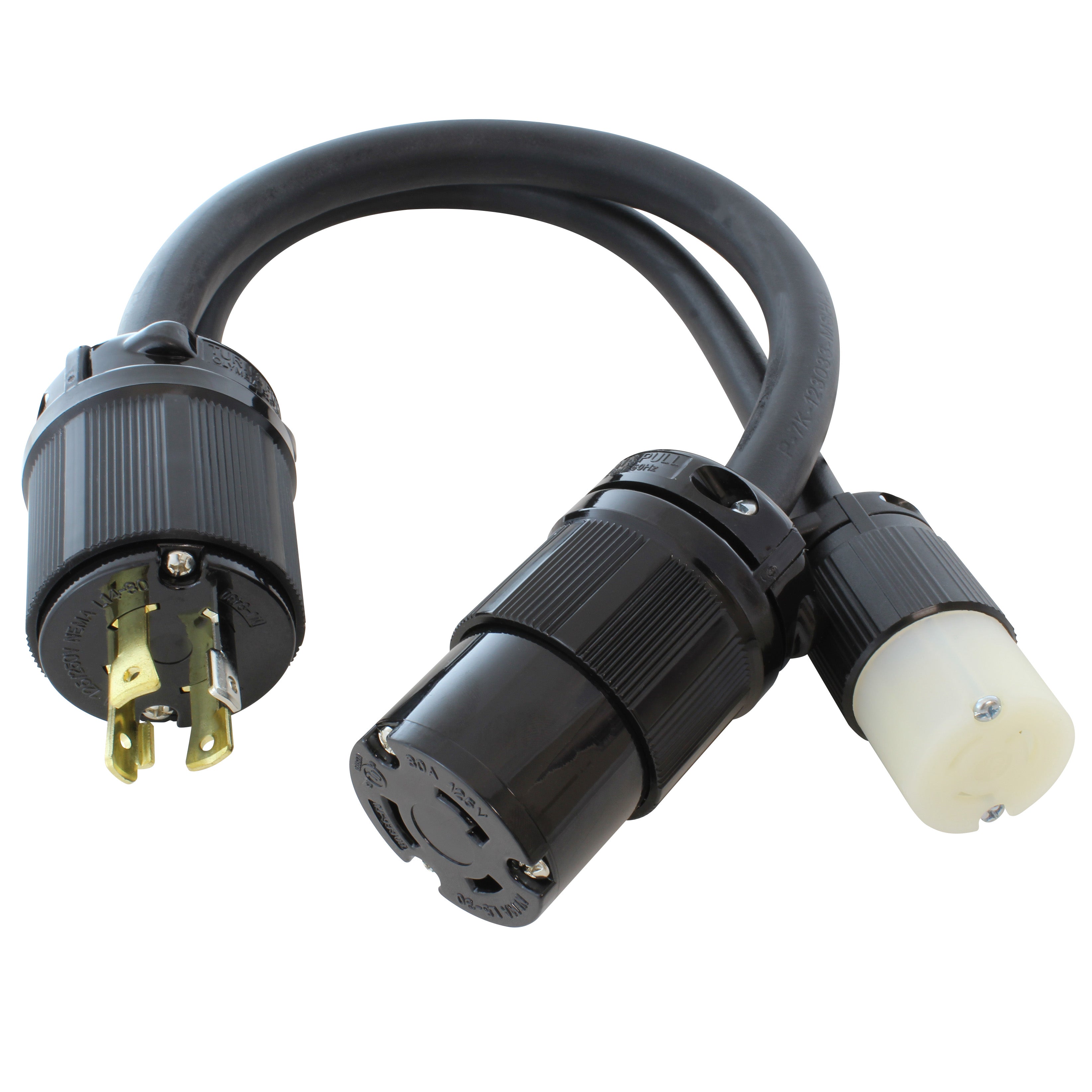 NEMA L14-30P Male Plug to NEMA L5-15R and NEMA L5-30R Female connectors