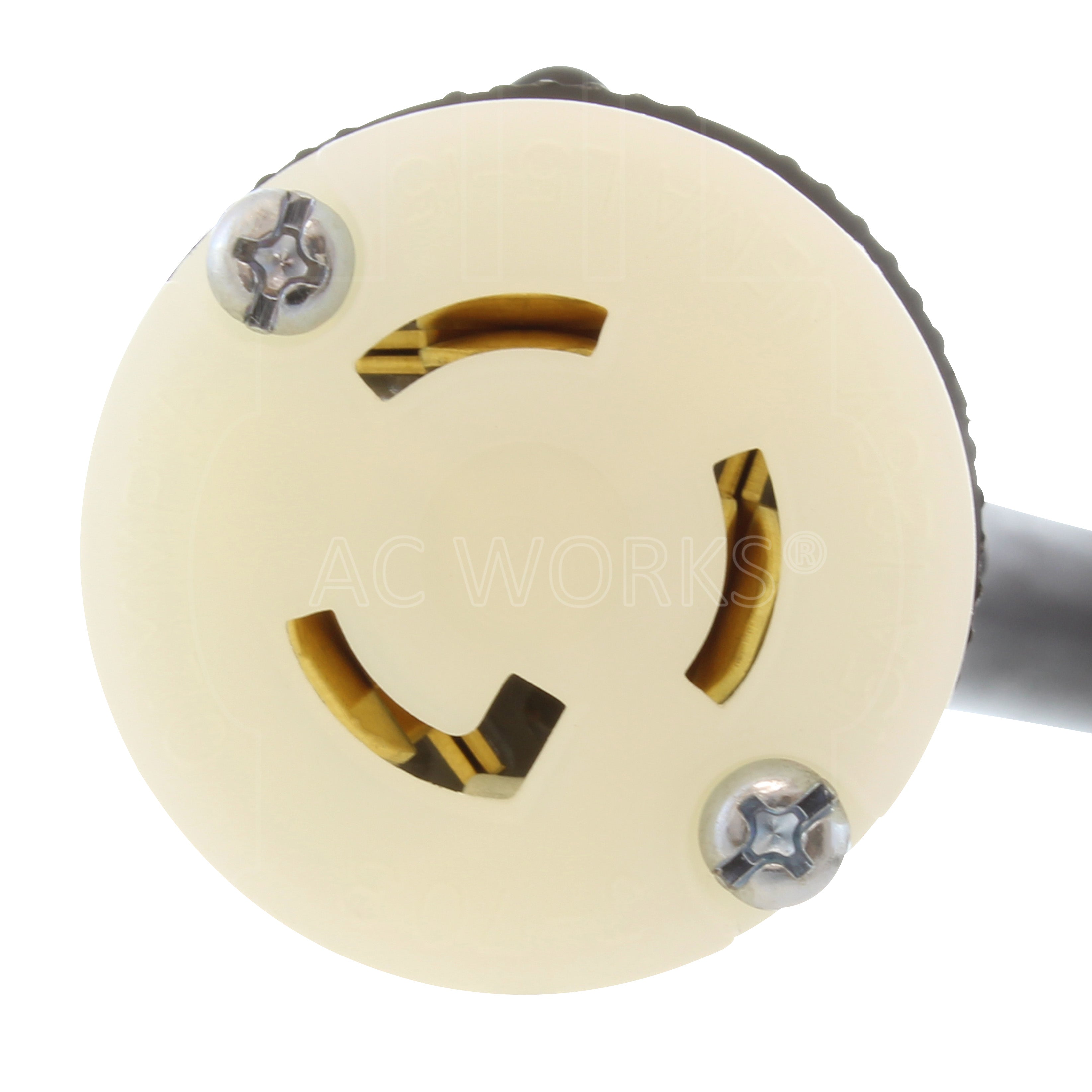 NEMA L5-15R, 3-prong locking connector close up