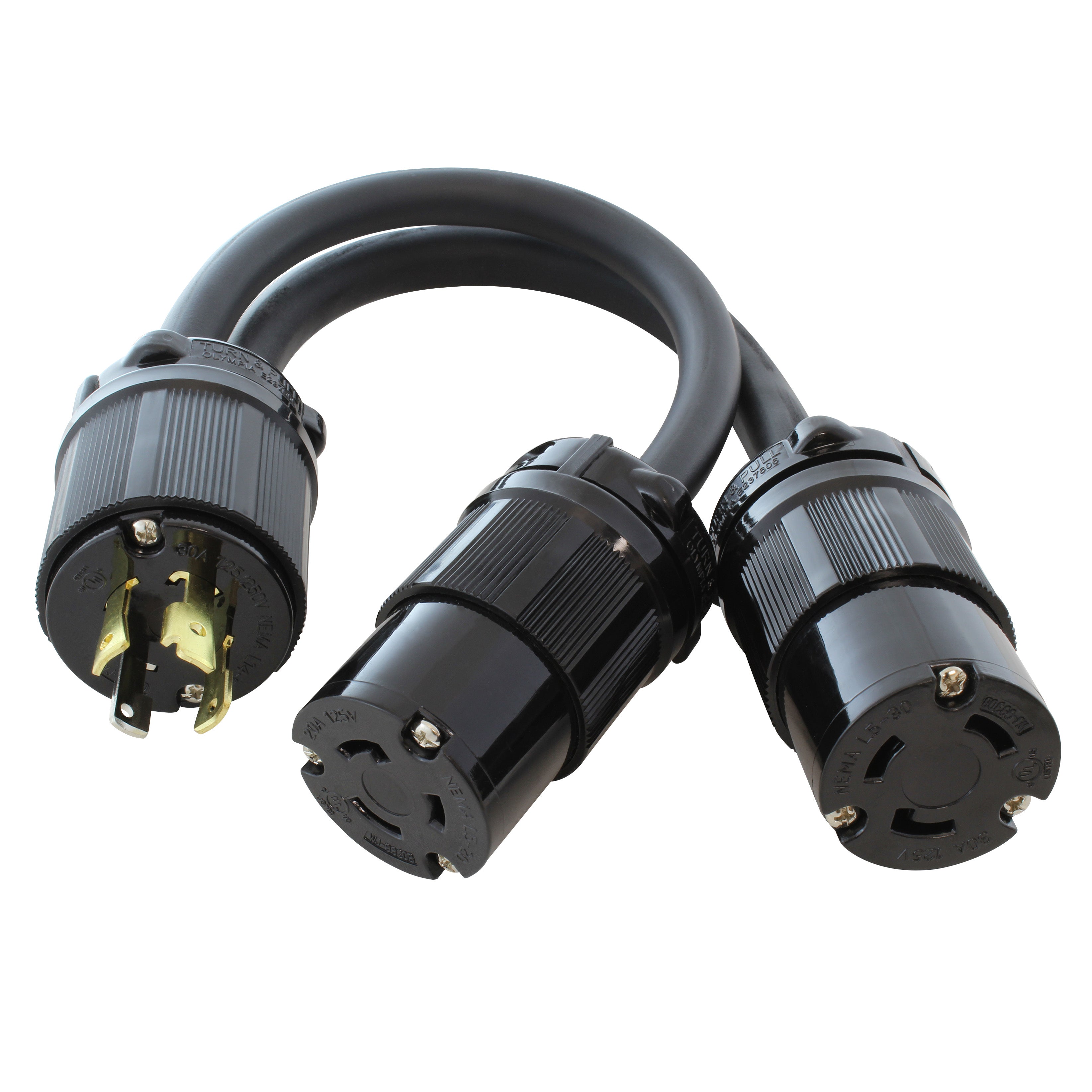NEMA L14-30P Male Plug to NEMA L5-15R and NEMA L5-30R Female connectors