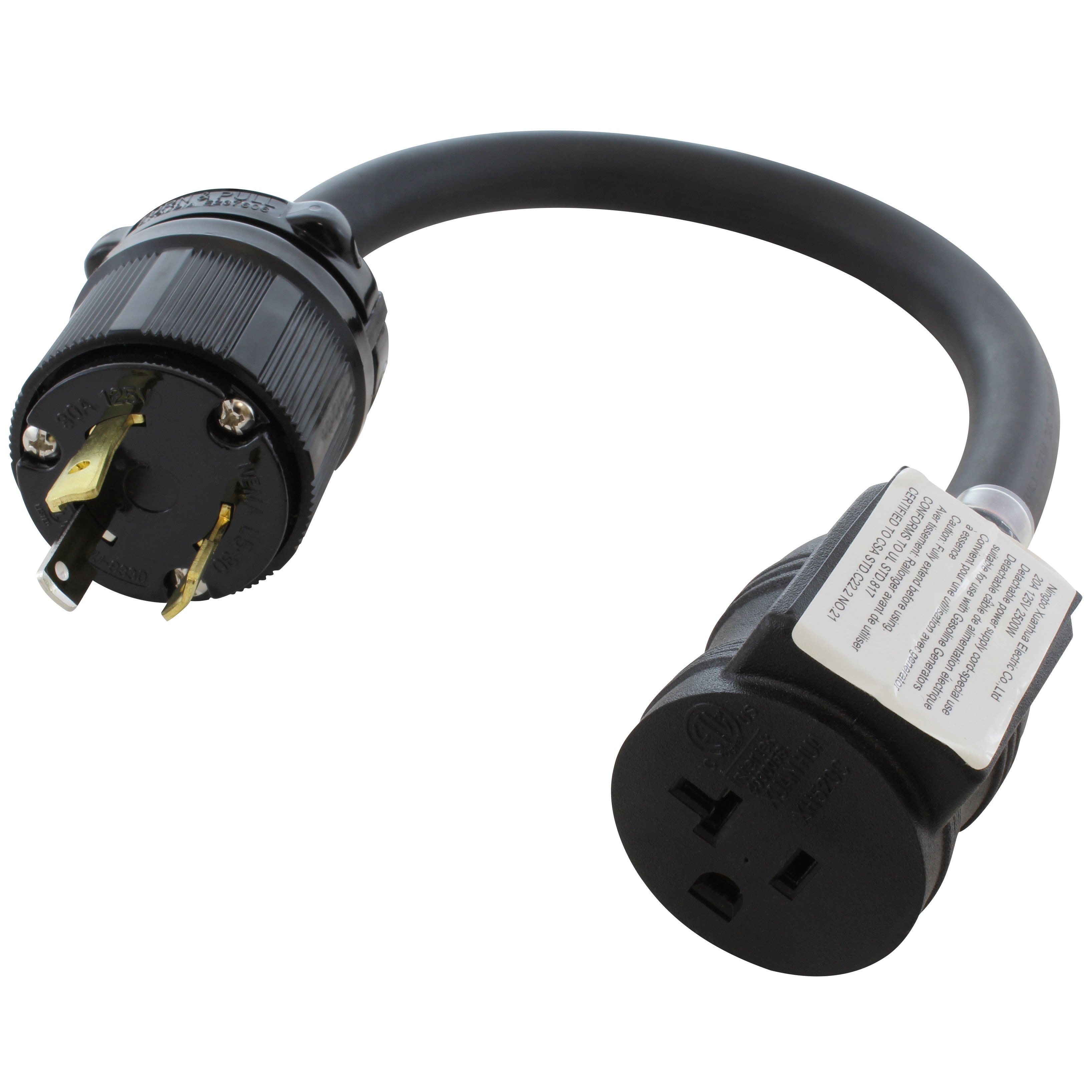 locking 3-prong generator plug to 20 amp household connector with circuit breaker