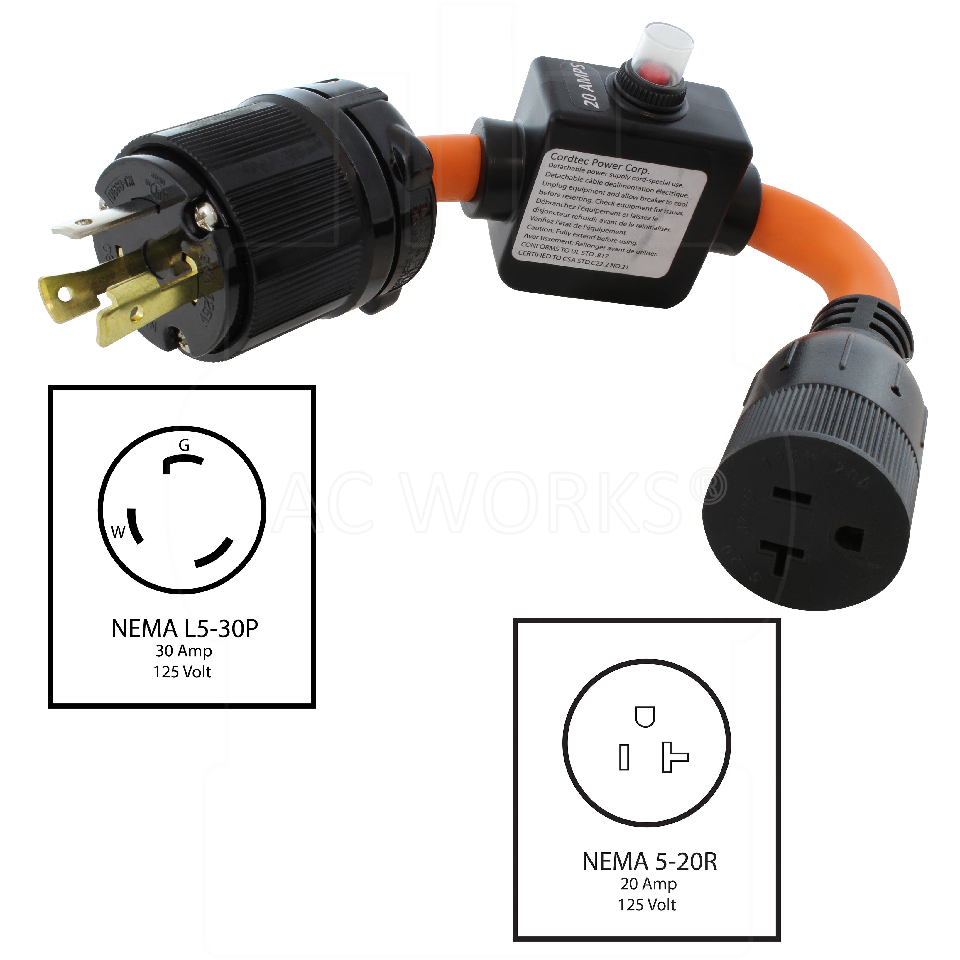 NEMA L5-30P, 30 Amp, 125 Volt Locking Male Plug to NEMA 5-15/20R, 20 Amp, 125 Volt Female Connector