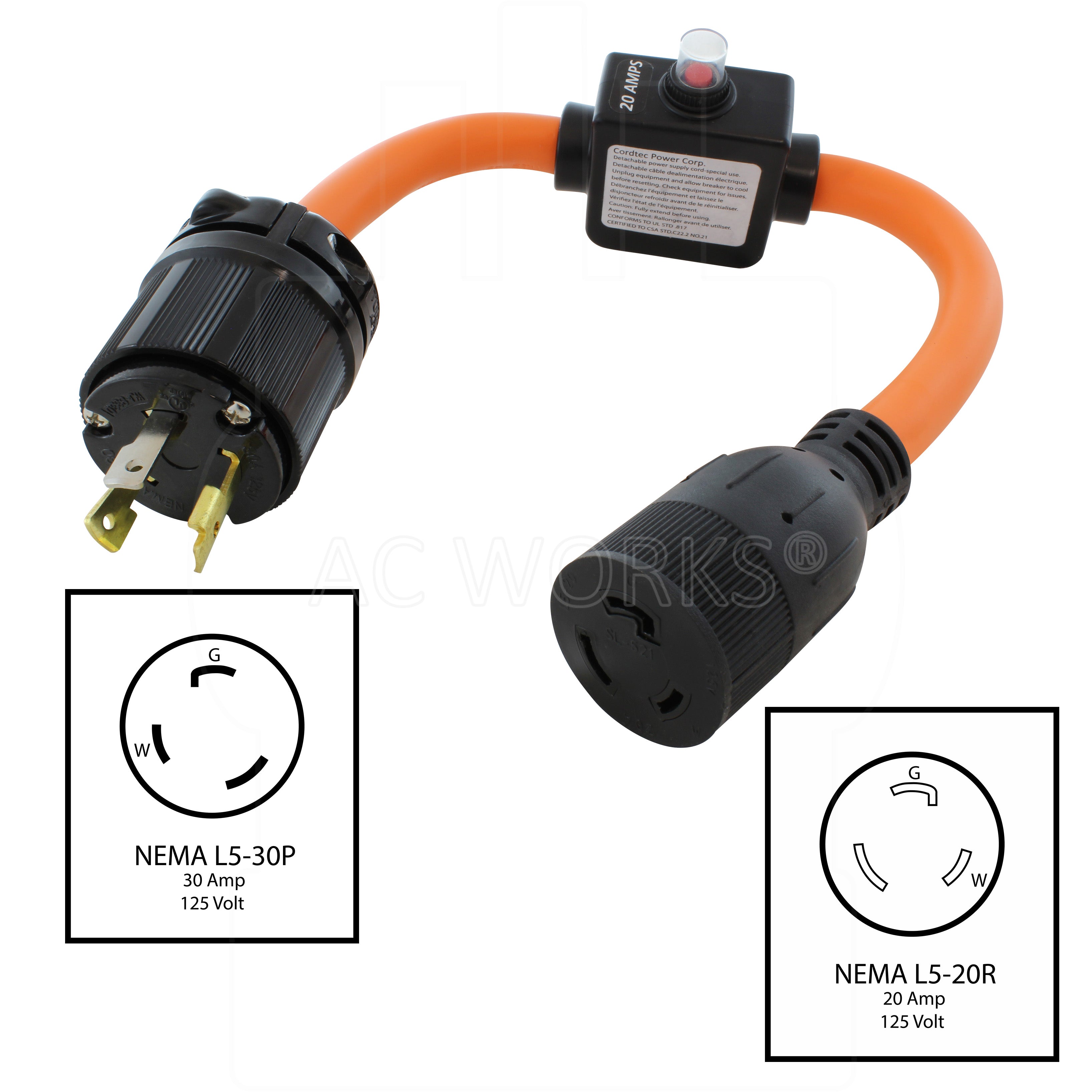 NEMA L5-30P, 30 Amp, 125 Volt Locking Male Plug to NEMA L5-20R, 20 Amp, 125 Volt Female Connector