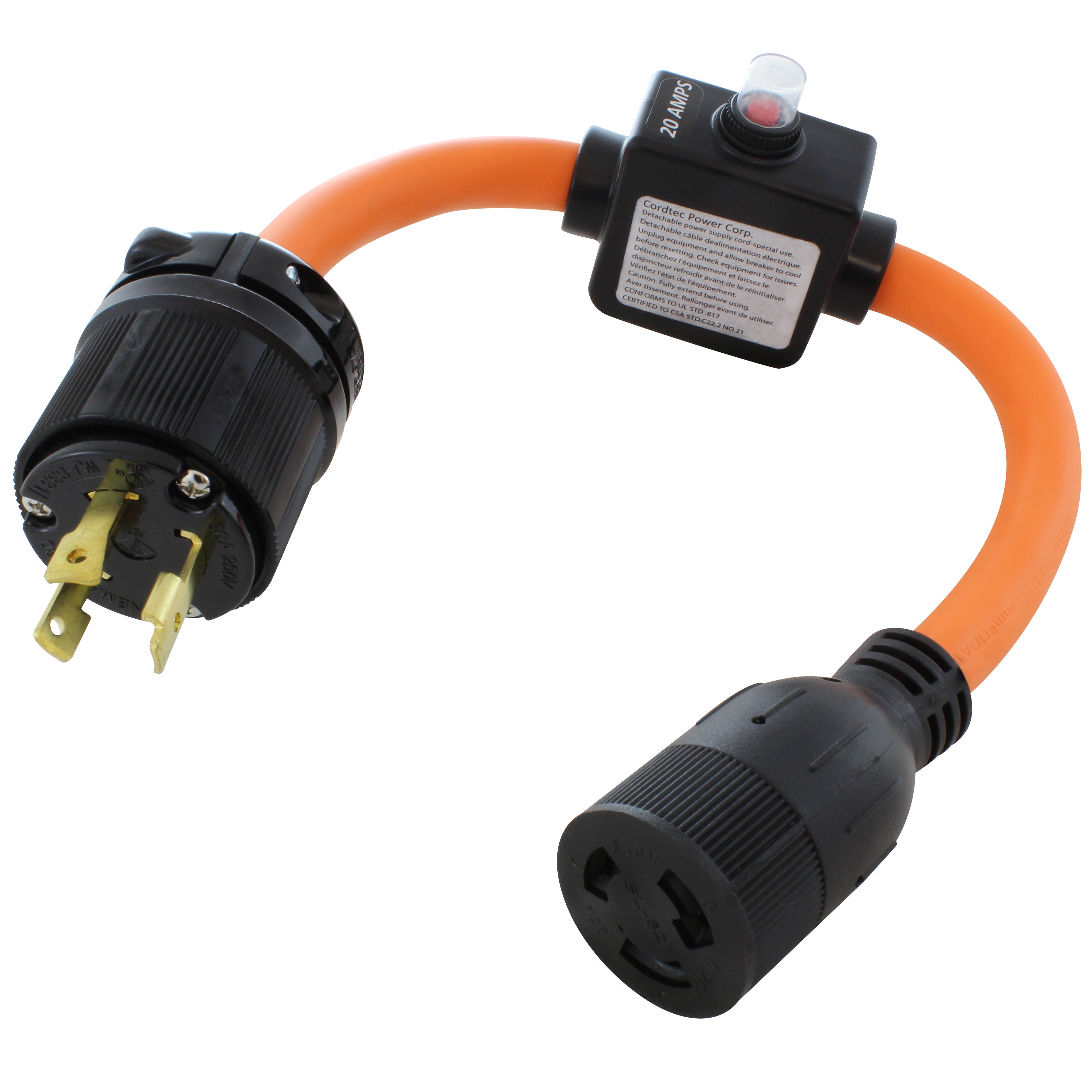 NEMA L6-30P to NEMA L6-20R with 20 Amp Inline Breaker