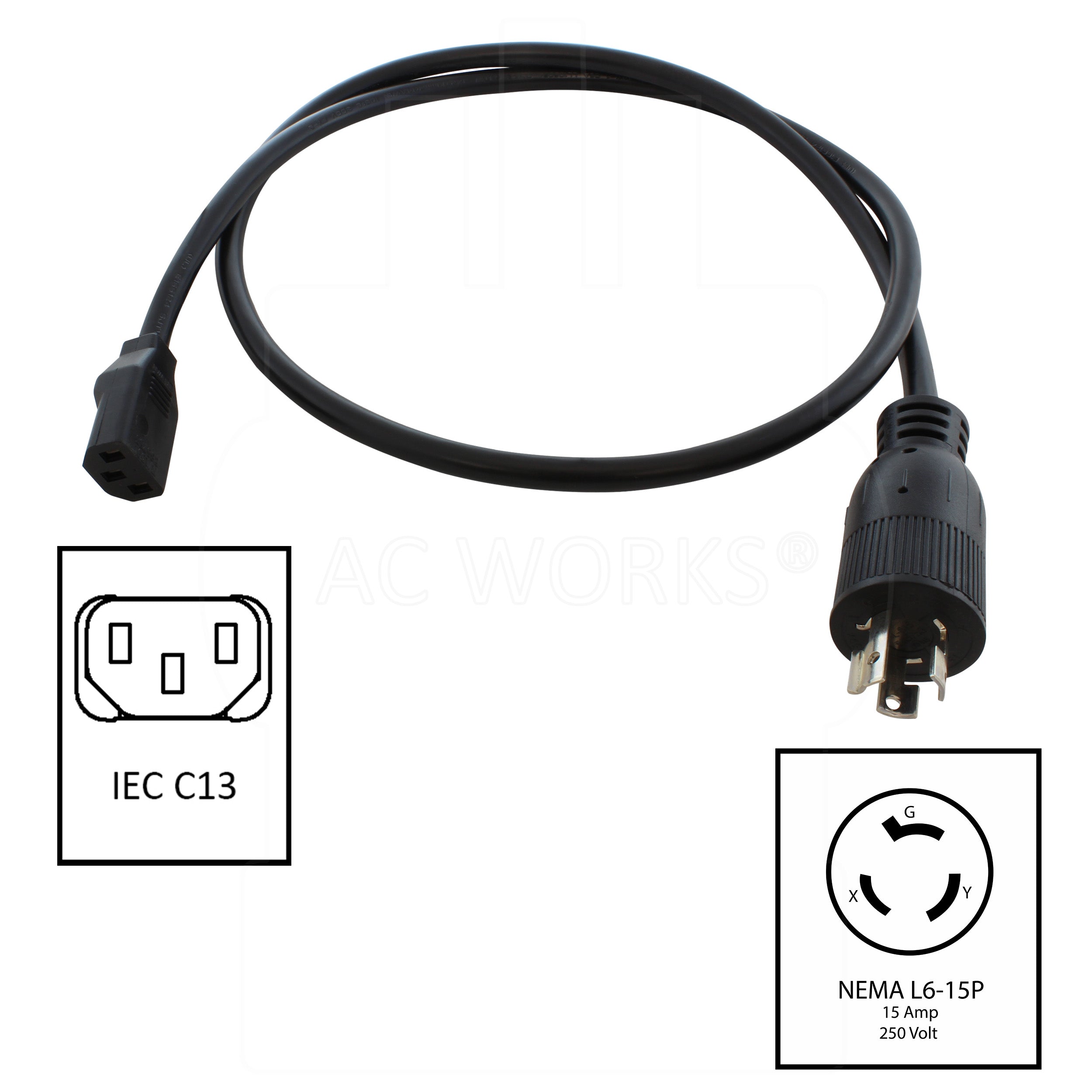 NEMA L6-15P 15 amp, 250 volt male plug to IEC C13 female receptacle