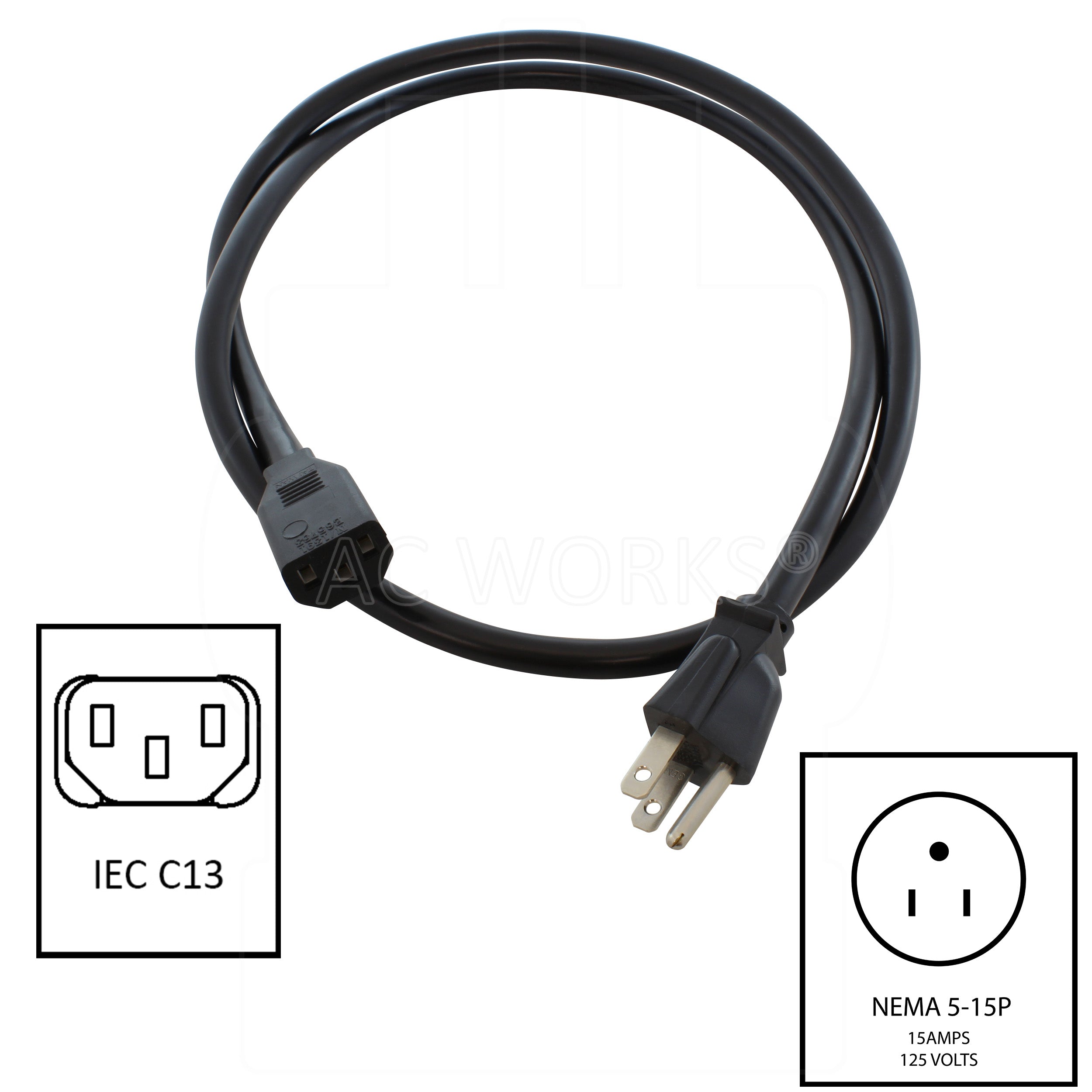 NEMA 5-15P 15 amps, 125 volts male plug to IEC C13 female receptacle