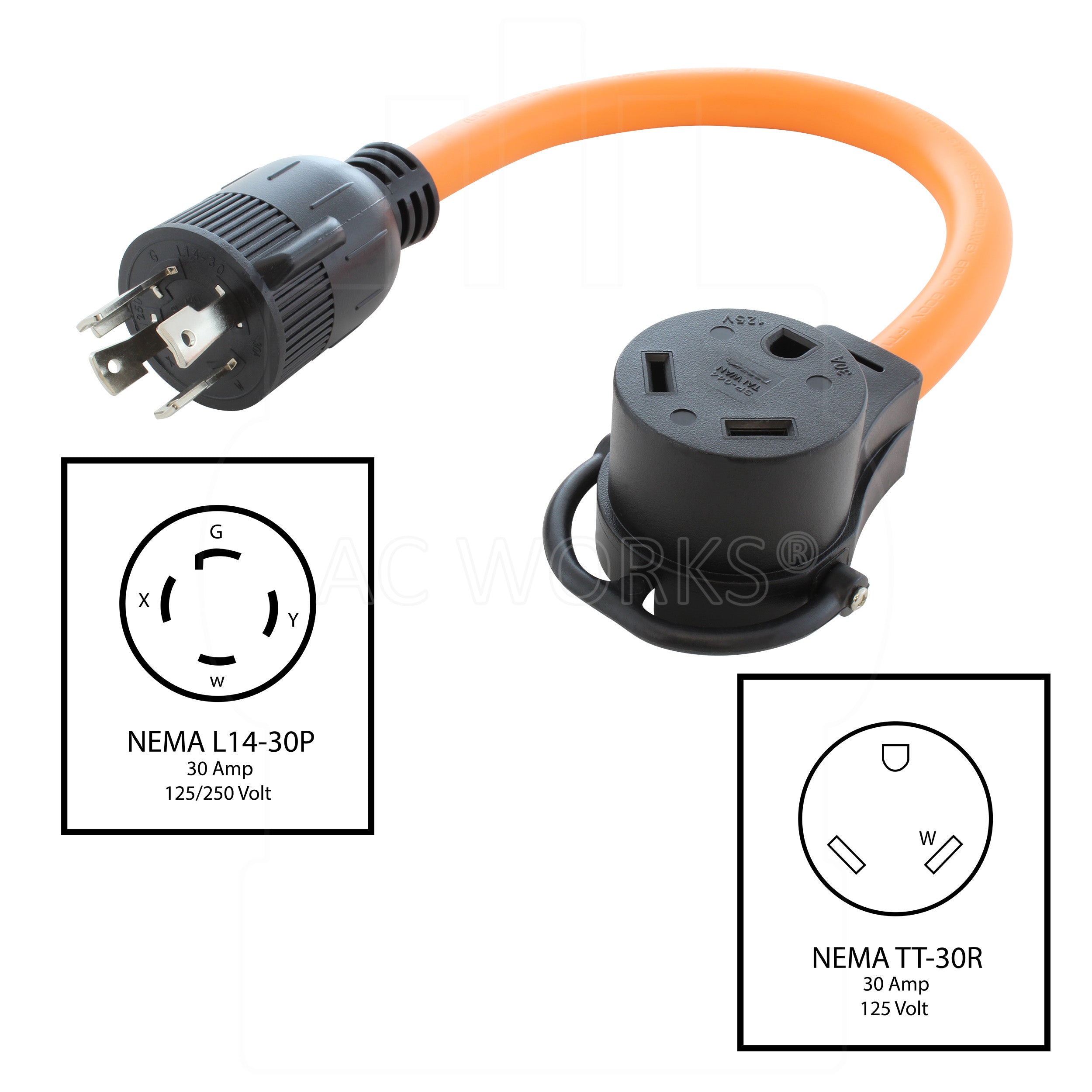 Locking adapter NEMA L1430, 30 amp, 125/250 volt male plug to NEMA TT-30, 30 amp, 125 volt female receptacle