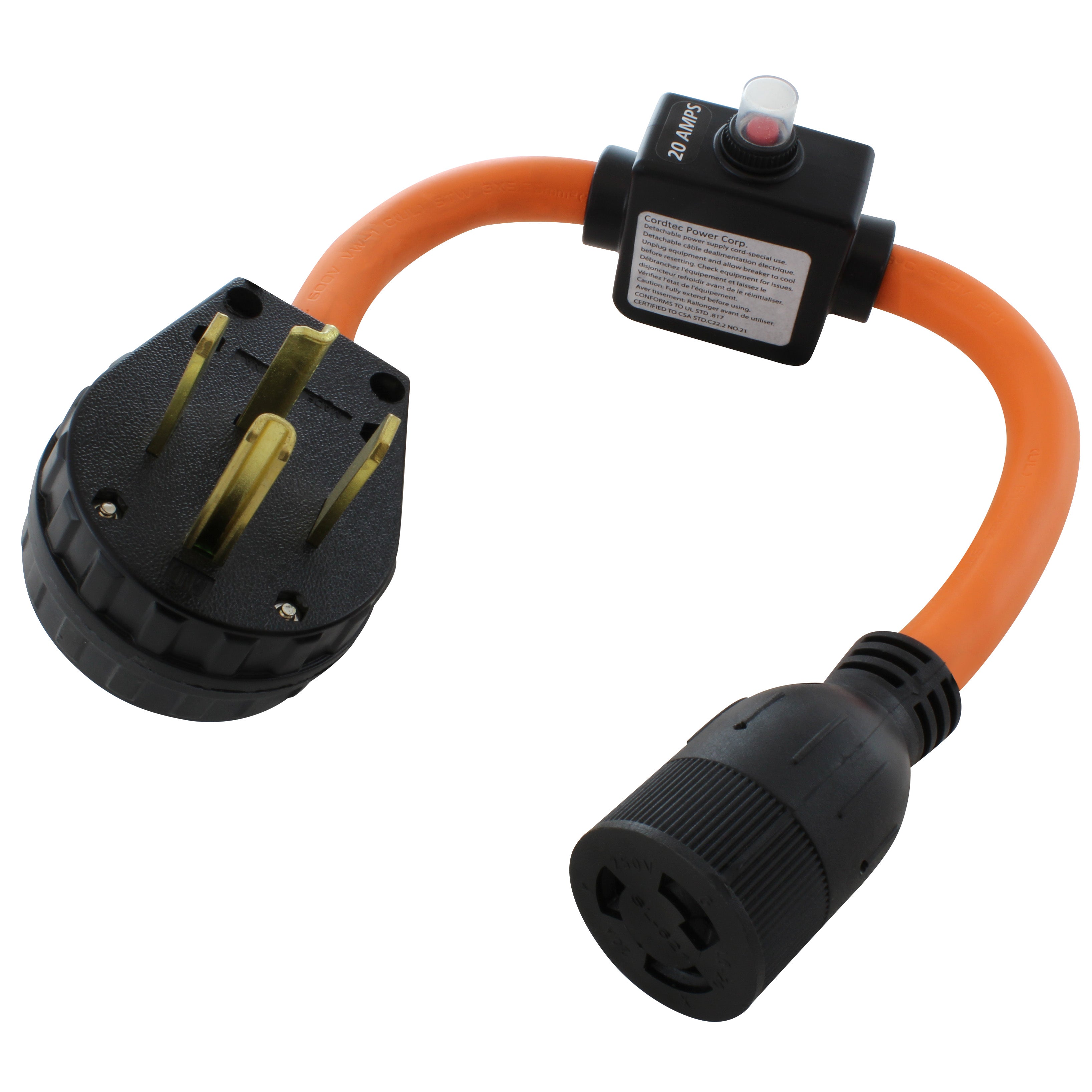 NEMA 14-30P to NEMA L6-20R with 20 Amp Inline Breaker