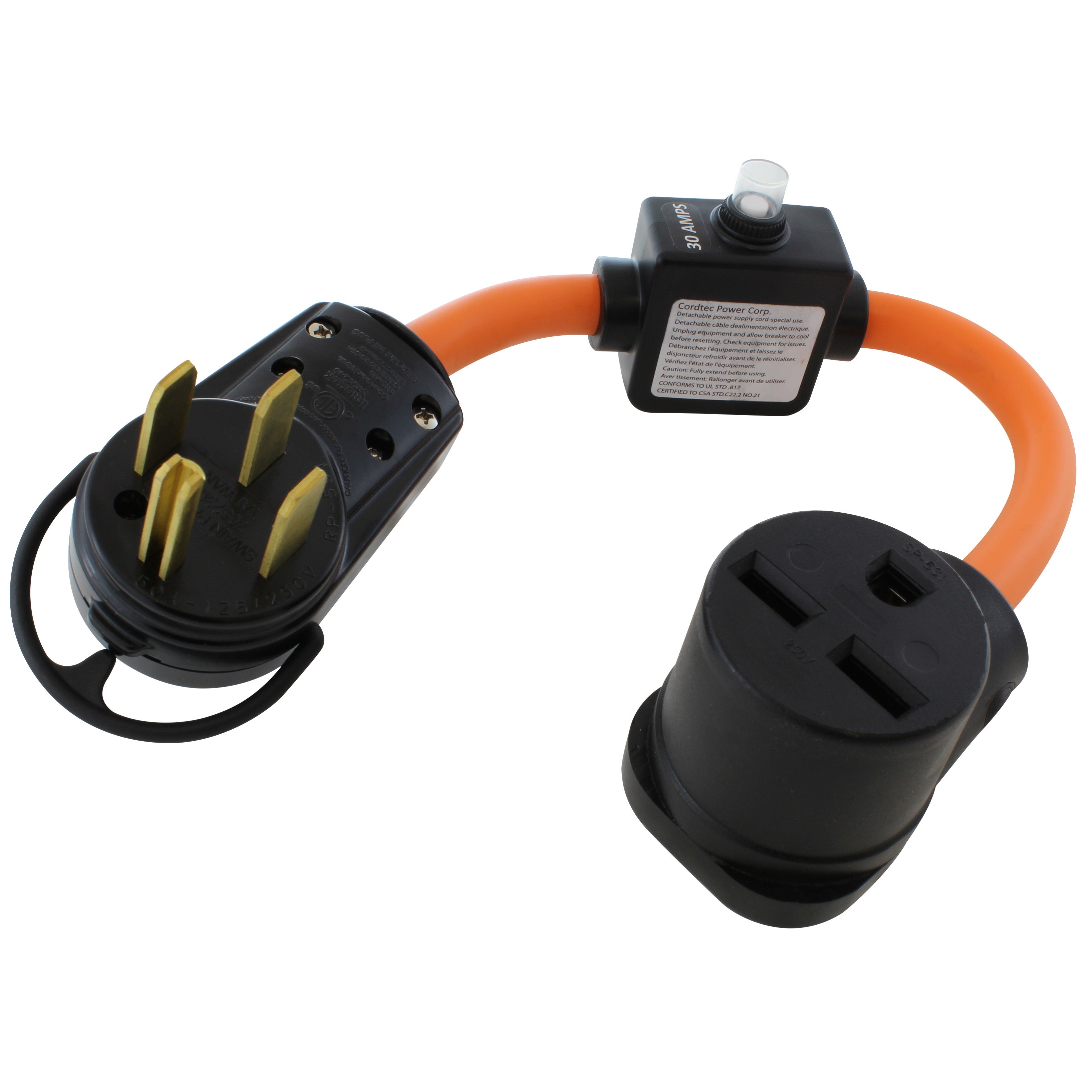 NEMA 14-50P Male Plug to
NEMA 6-30R Female Connector with
30A Inline Circuit Breaker