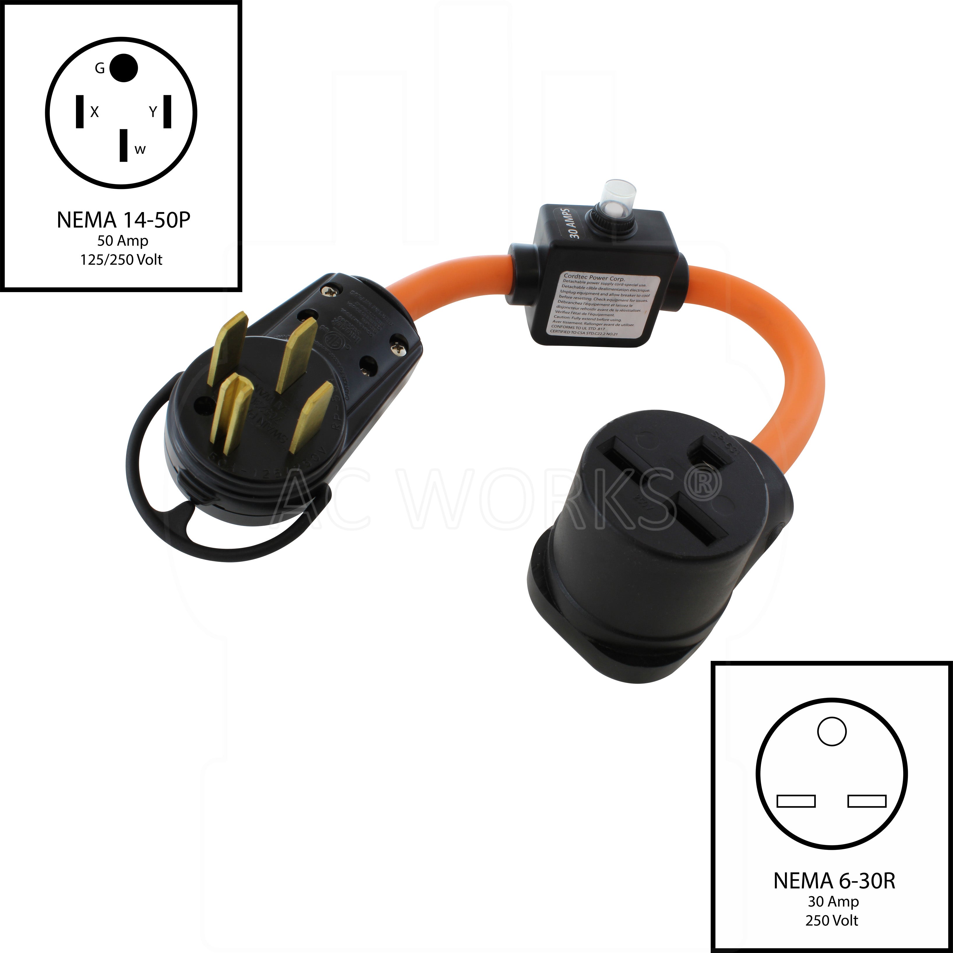 NEMA 14-50P, 50 Amp, 125/250 Volt Male Plug to NEMA 6-30R, 30 Amp, 250 Volt Female Connector