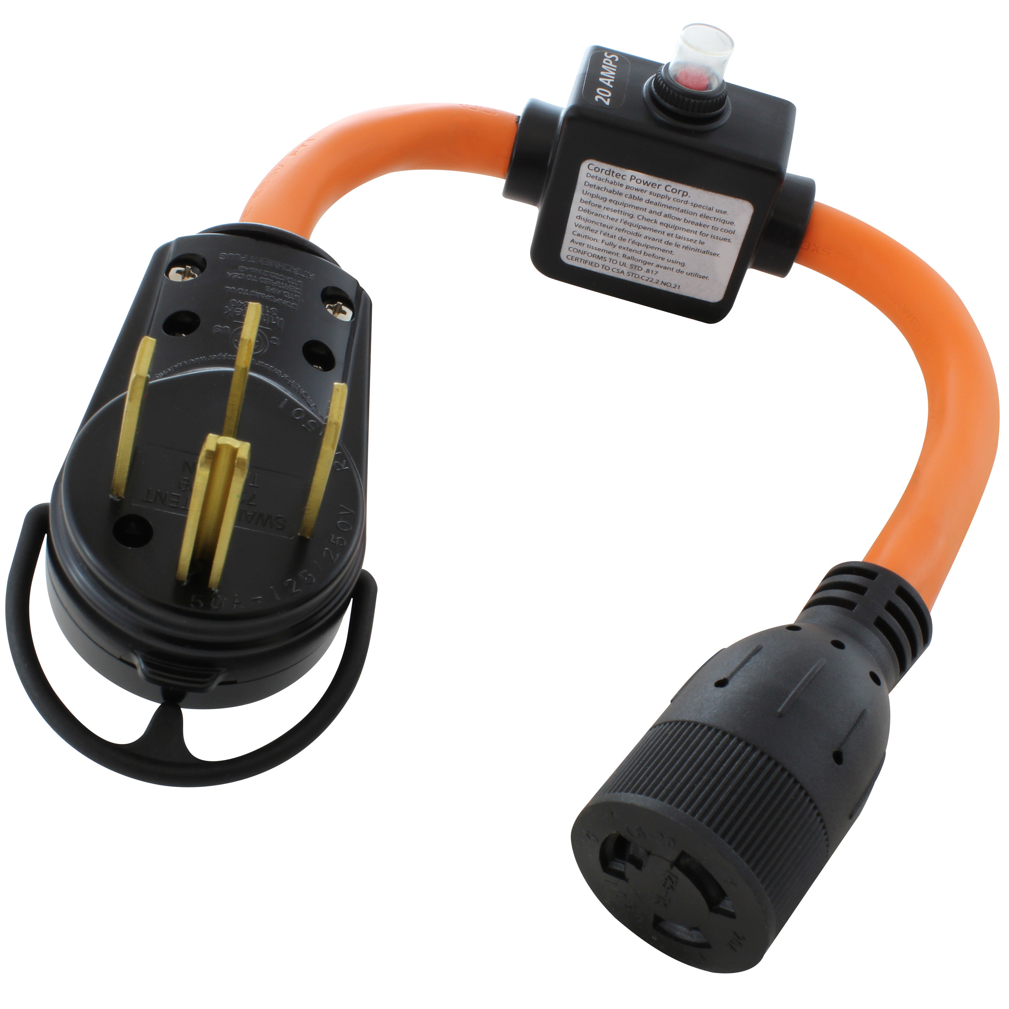 NEMA 14-50P to NEMA L6-20R with
20A Inline Circuit Breaker