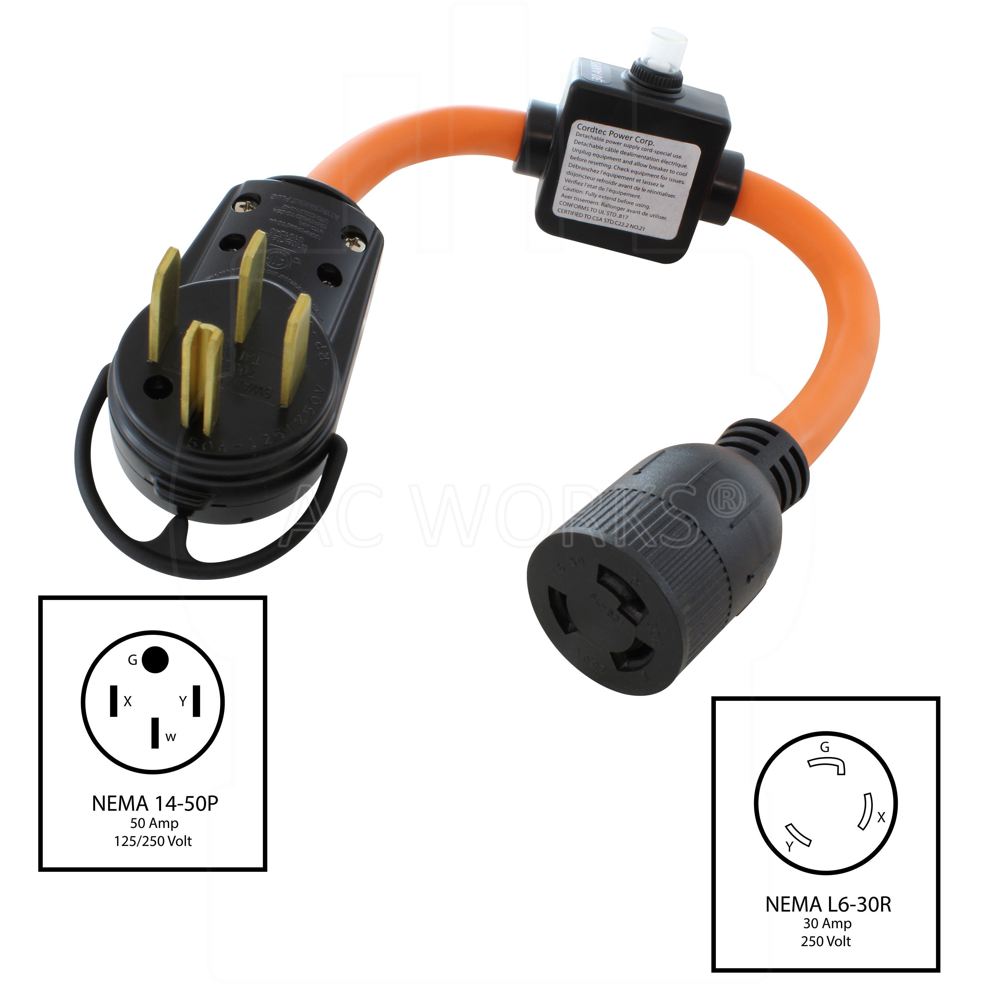 NEMA 14-50P, 50 Amp, 125/250 Volt Male Plug to NEMA L6-30R, 30 Amp, 250 Volt Female Connector