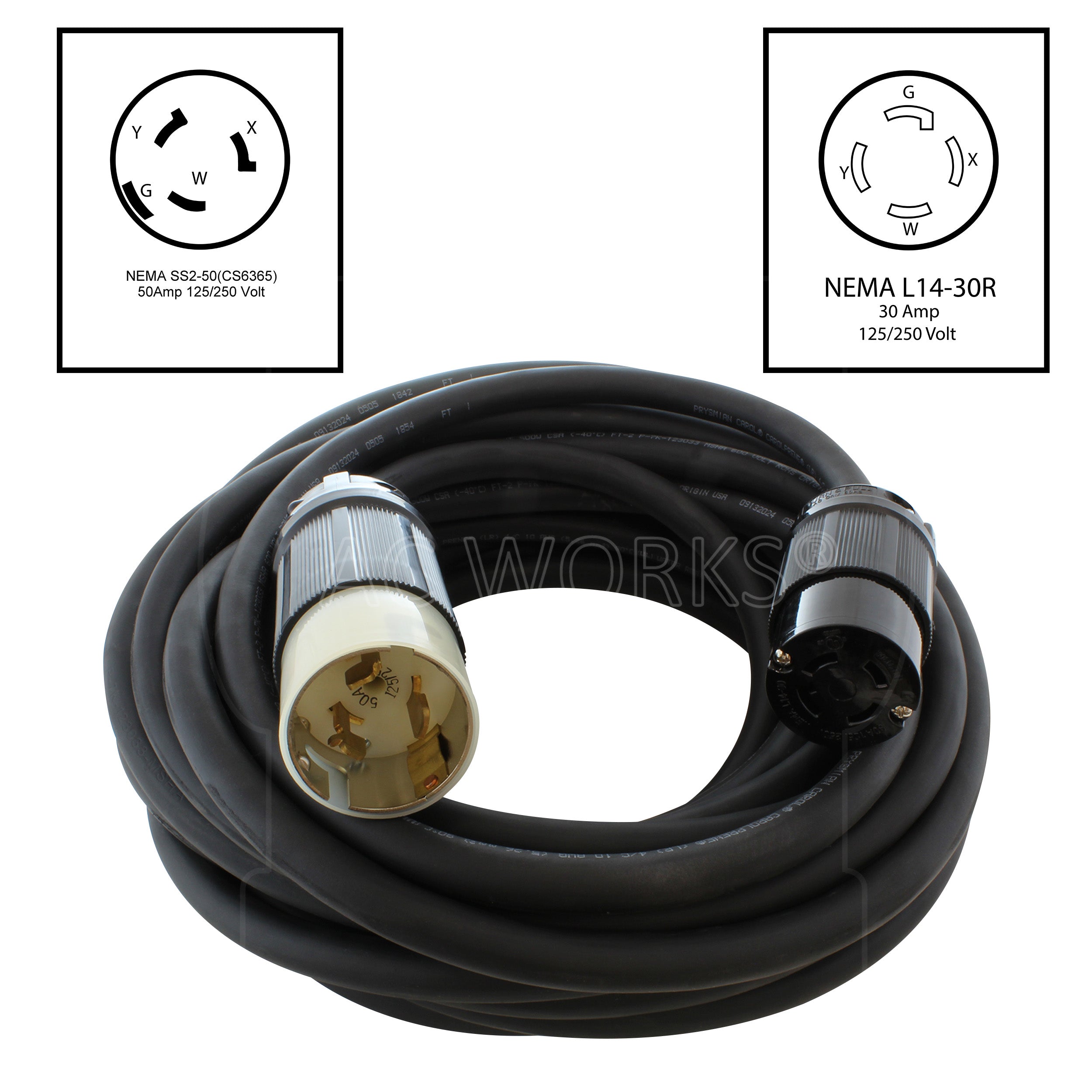 NEMA SS2-50, 50 Amp, 125/250 Volt, 4-wire male plug to NEMA L14-30R 30 Amp, 125/250 Volt, 4-prong, female locking connector