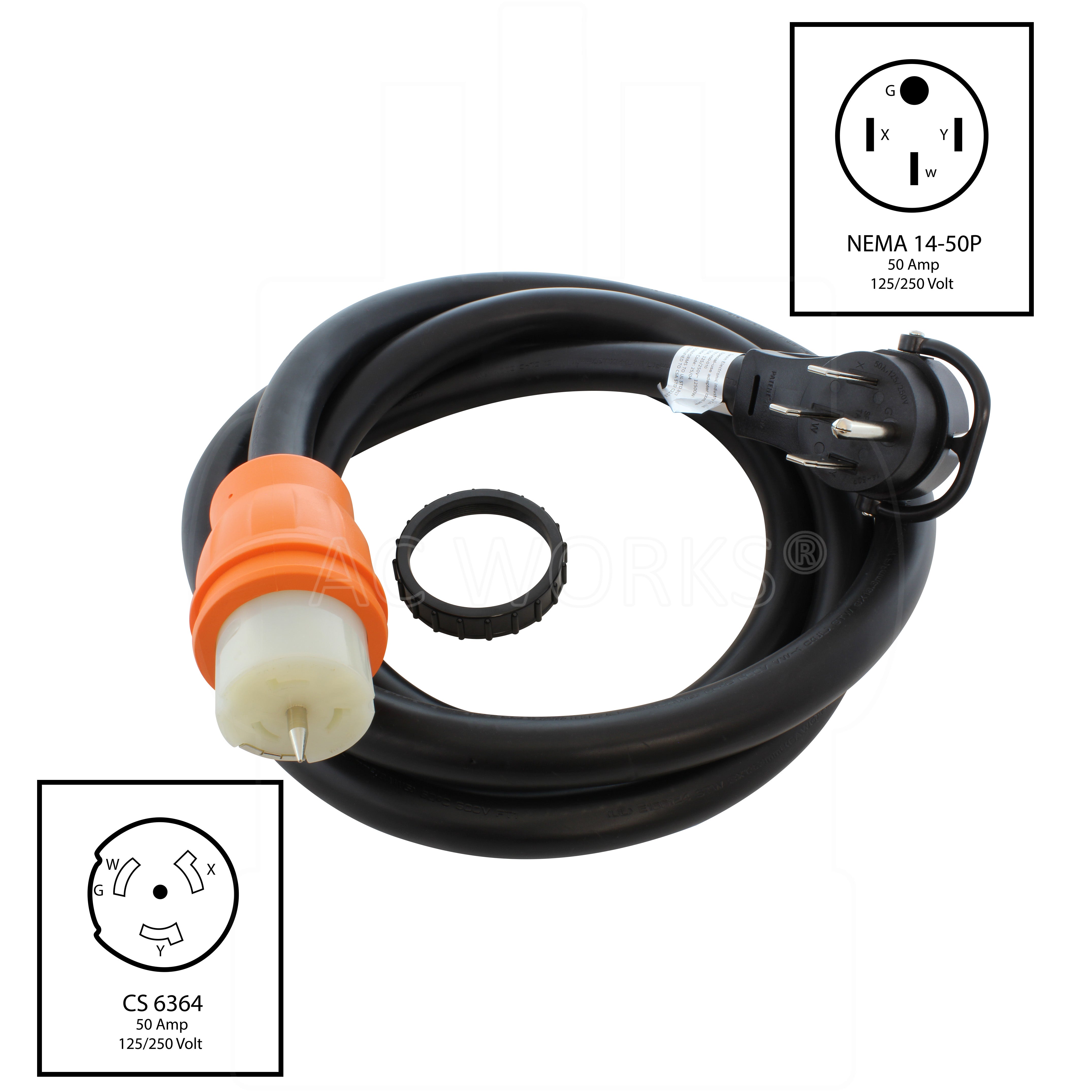 NEMA 14-50P, 50 amp, 125/250 volt male 4 prong plug to NEMA CS6364, 50 amp, 125/250 volt female connector